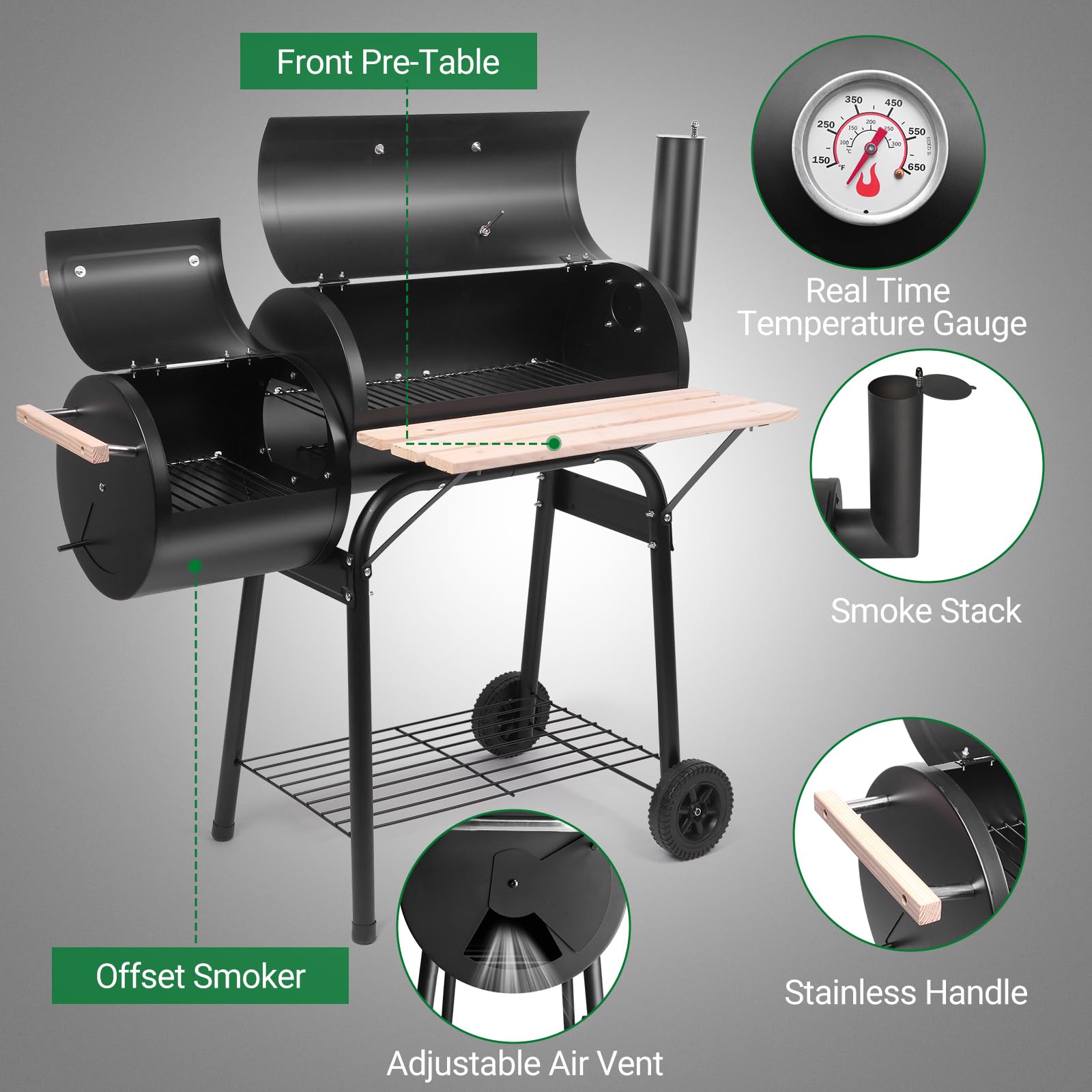 Outvita Charcoal Grill & Offset Smoker with Wheels - Portable Outdoor BBQ Cooker for Backyard, Camping, Picnics & Parties - Heavy-Duty Patio Barbecue Oven with Side Fire Box for Grilling, Smoking & Roasting Meats