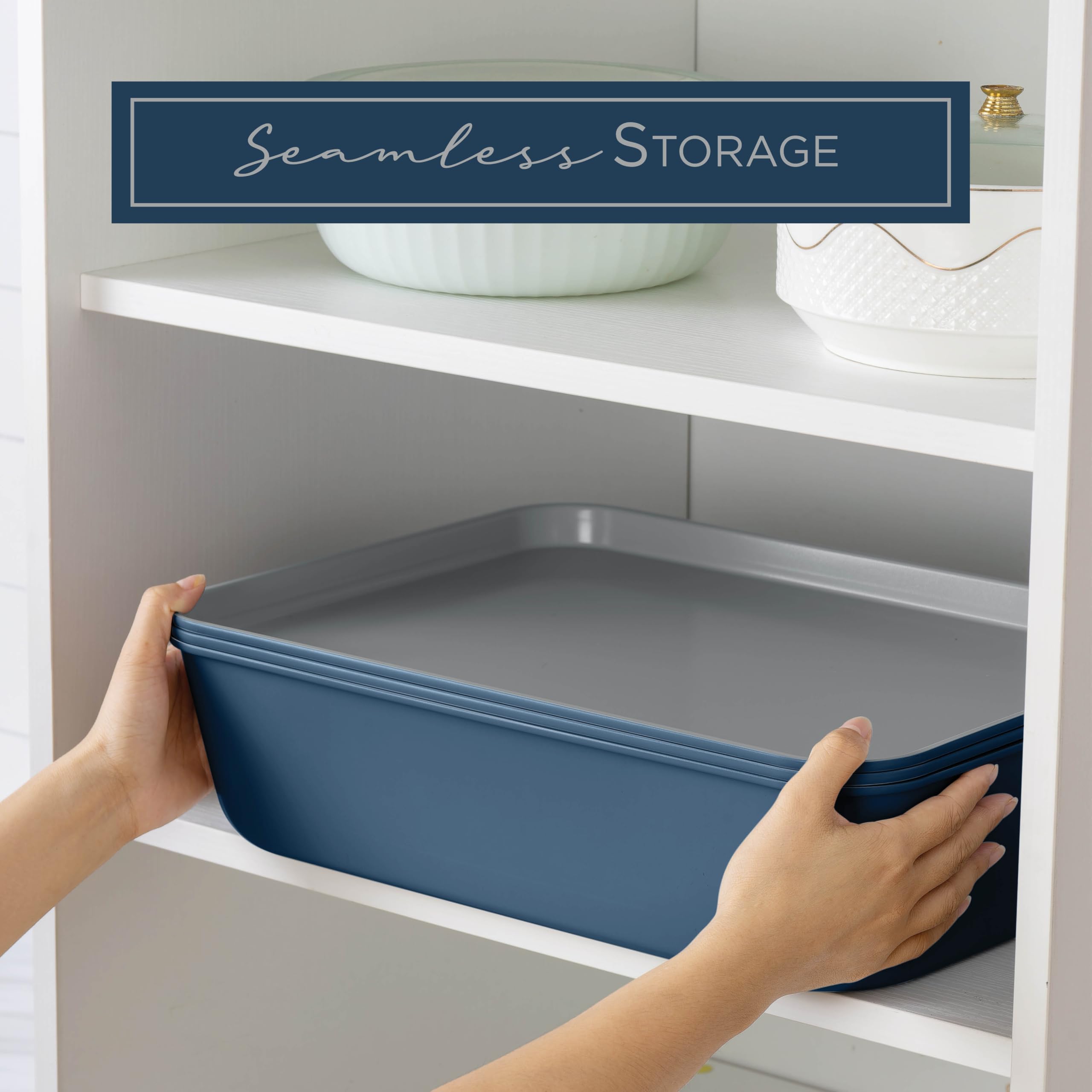 Nonstick Stackable Bakeware Set - 13-Piece Durable & Easy Release Country Kitchen Baking Pans in Denim Blue - Perfect for Cakes, Cookies, and Family Dinners