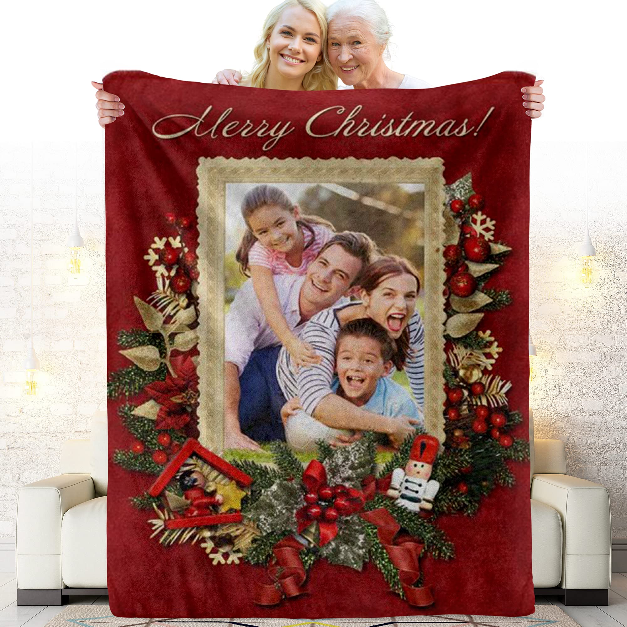Custom Photo Fleece Blanket - Personalized Throw Blanket with Your Pictures - Soft Cozy Blanket for Christmas Gifts (Family, Dad, Mom, Grandma, Grandpa) - Perfect for Holiday Decor, Bedroom, Sofa & Gift Giving