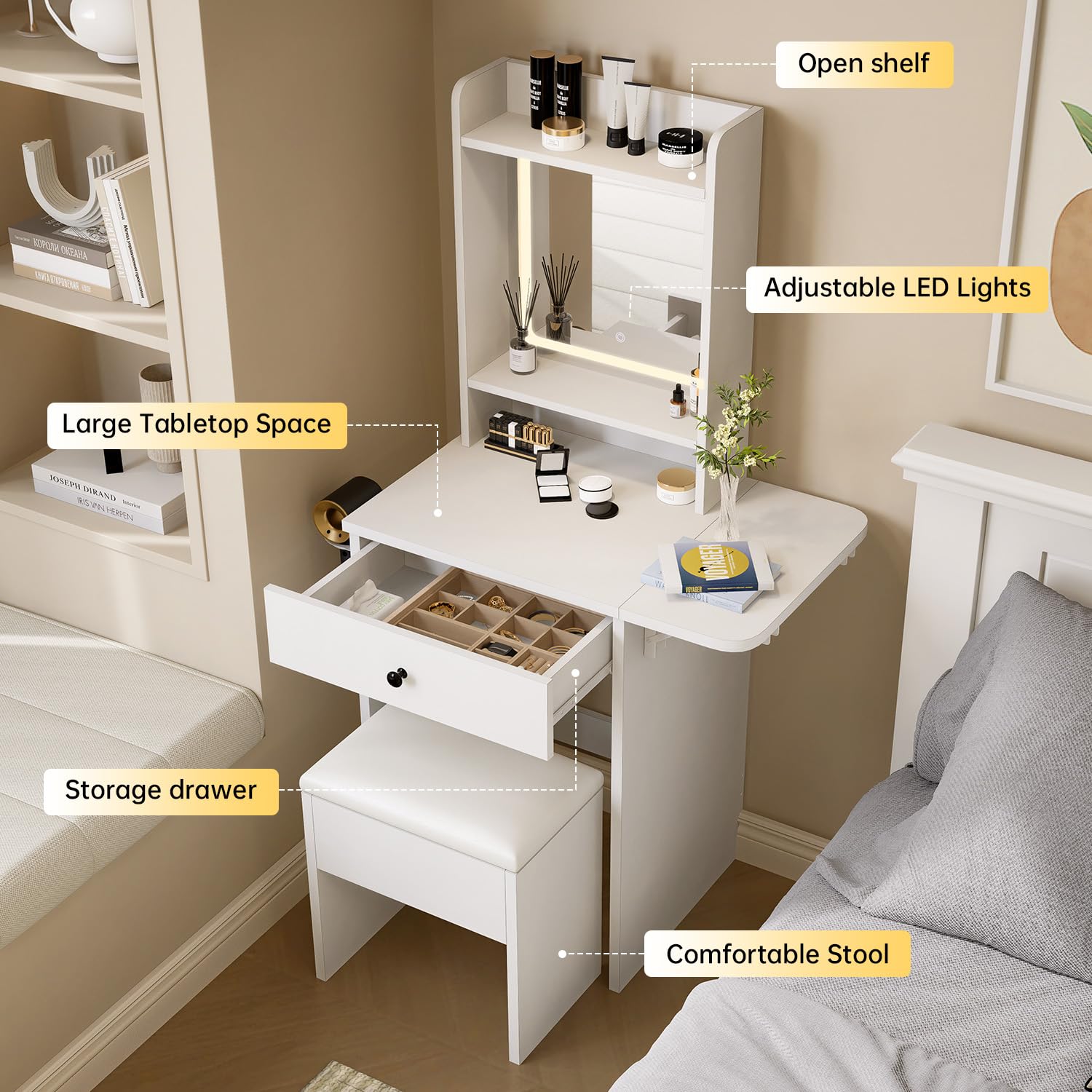 Oneinmil Small Makeup Vanity Desk with Adjustable LED Mirror & Chair - 3 Lighting Modes, Compact Dressing Table for Small Spaces, White Bedroom Vanity Set - Perfect for Makeup Application, Skincare Routine & Home Decor