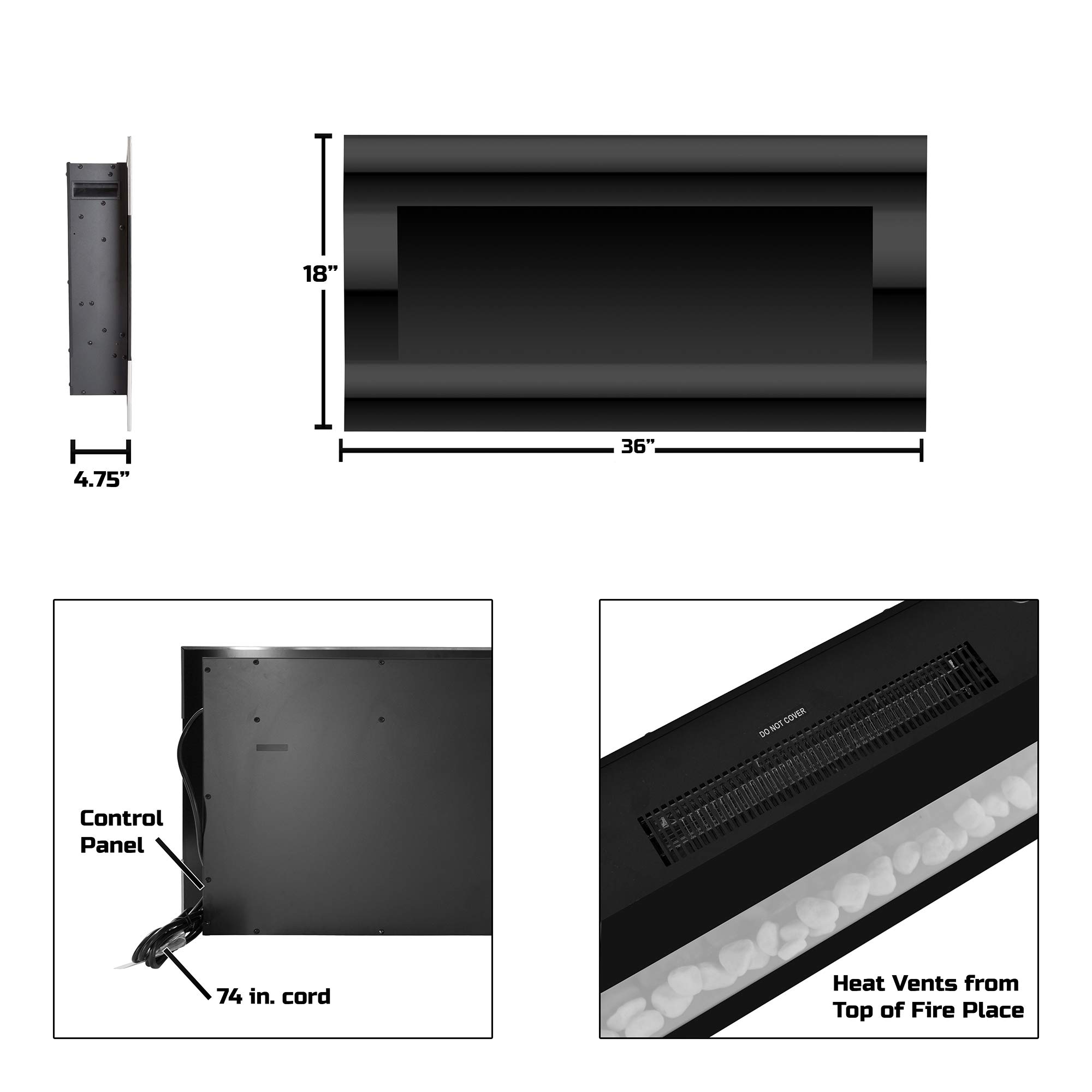 36 Inch Wall Mounted Electric Fireplace Heater with Remote Control - Adjustable LED Flames, Timer, Temperature & Brightness - Black - Perfect for Bedroom, Living Room & Office