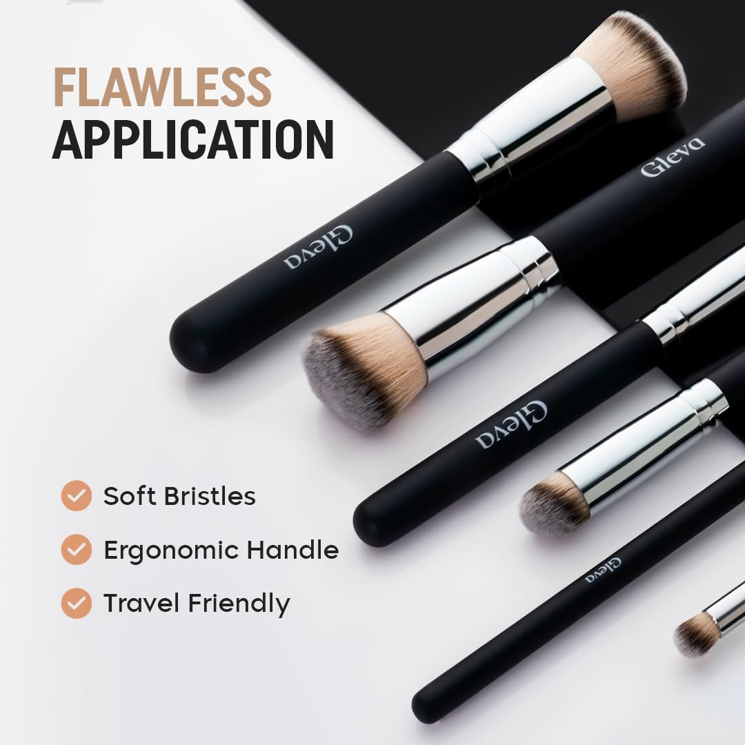 Gleva 3-Piece Foundation Concealer Brush Set - Mini Angled Under Eye Brush & Small Makeup Blending Brushes for Liquid, Cream & Powder Cosmetics | Perfect for Flawless Base, Contouring & Everyday Makeup Application