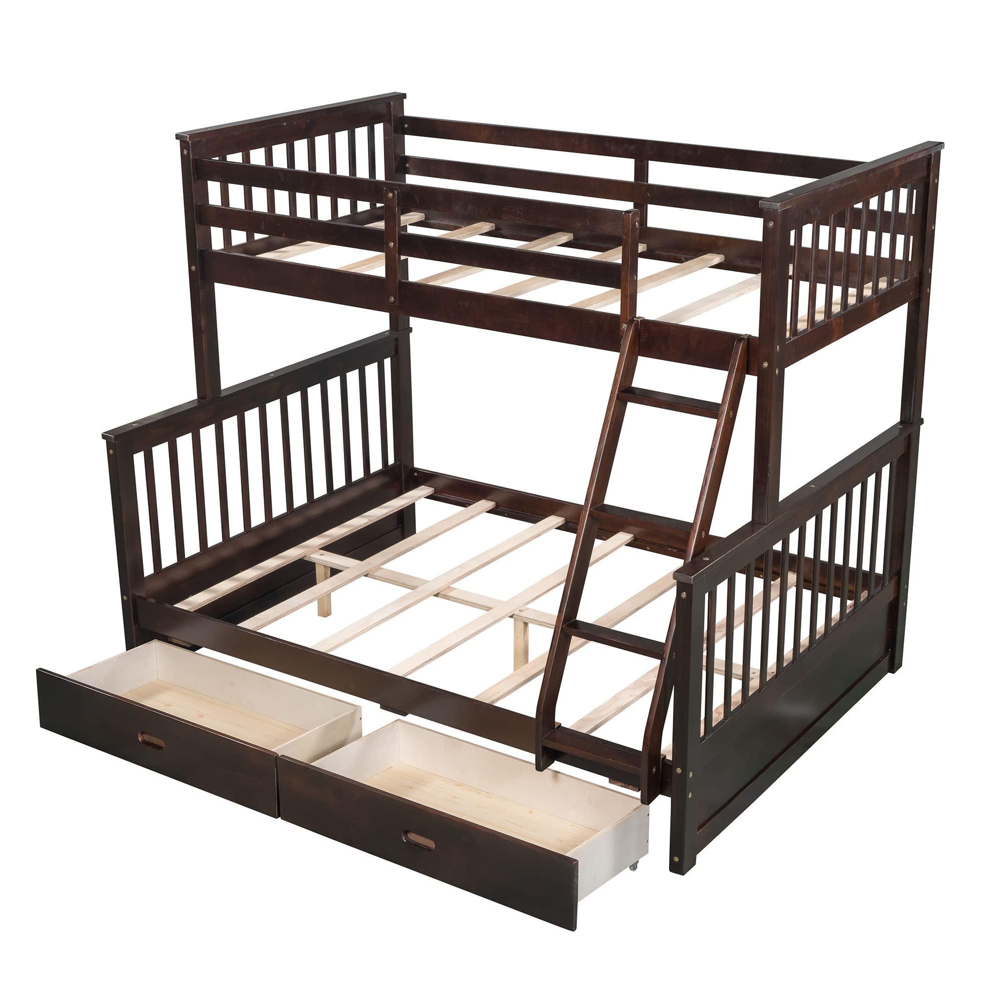 Solid Wood Twin Over Full Bunk Bed with Storage Drawers & Guardrails - Sturdy Bunk Bed Frame for Kids, Teens & Adults - No Box Spring Needed - Espresso Finish - Perfect for Small Bedrooms, Guest Rooms & Vacation Homes