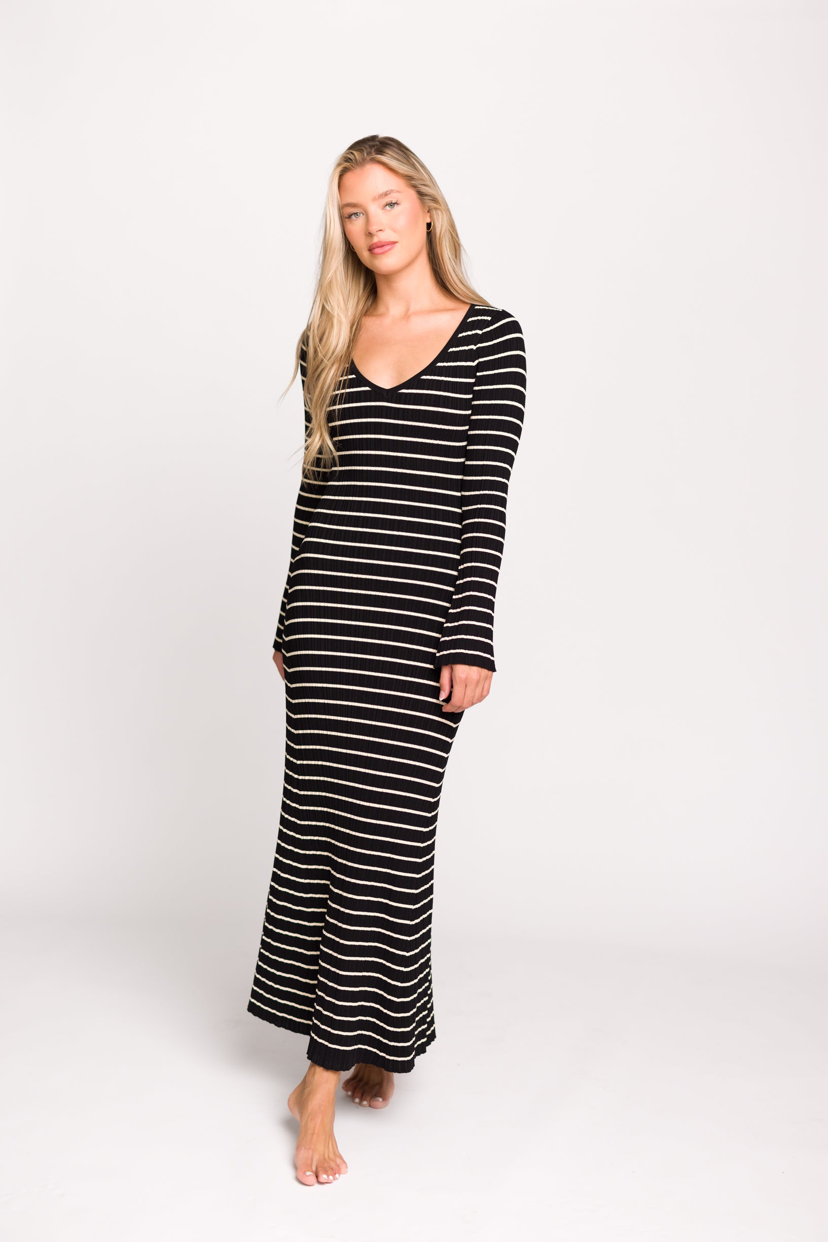 Keaton Knit Maxi Dress - V Neckline Black & Cream Striped Flowy Long Dress for Women | Perfect for Casual Outings, Beach Vacations & Summer Parties