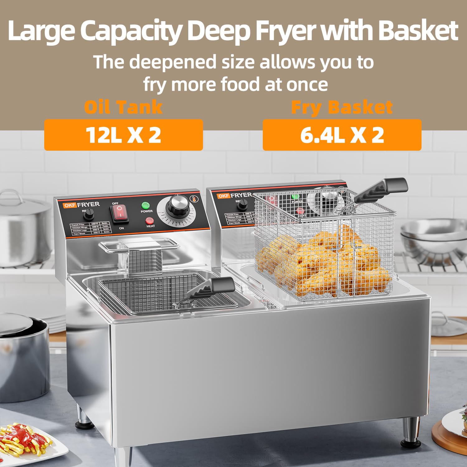 OKF 24L Commercial Deep Fryer - 3600W, 120V with 2 Baskets & Lids - 1mm Thickened Stainless Steel - Safety Switch & Overheat Protection - Perfect for Restaurants, Food Trucks & Home Kitchens