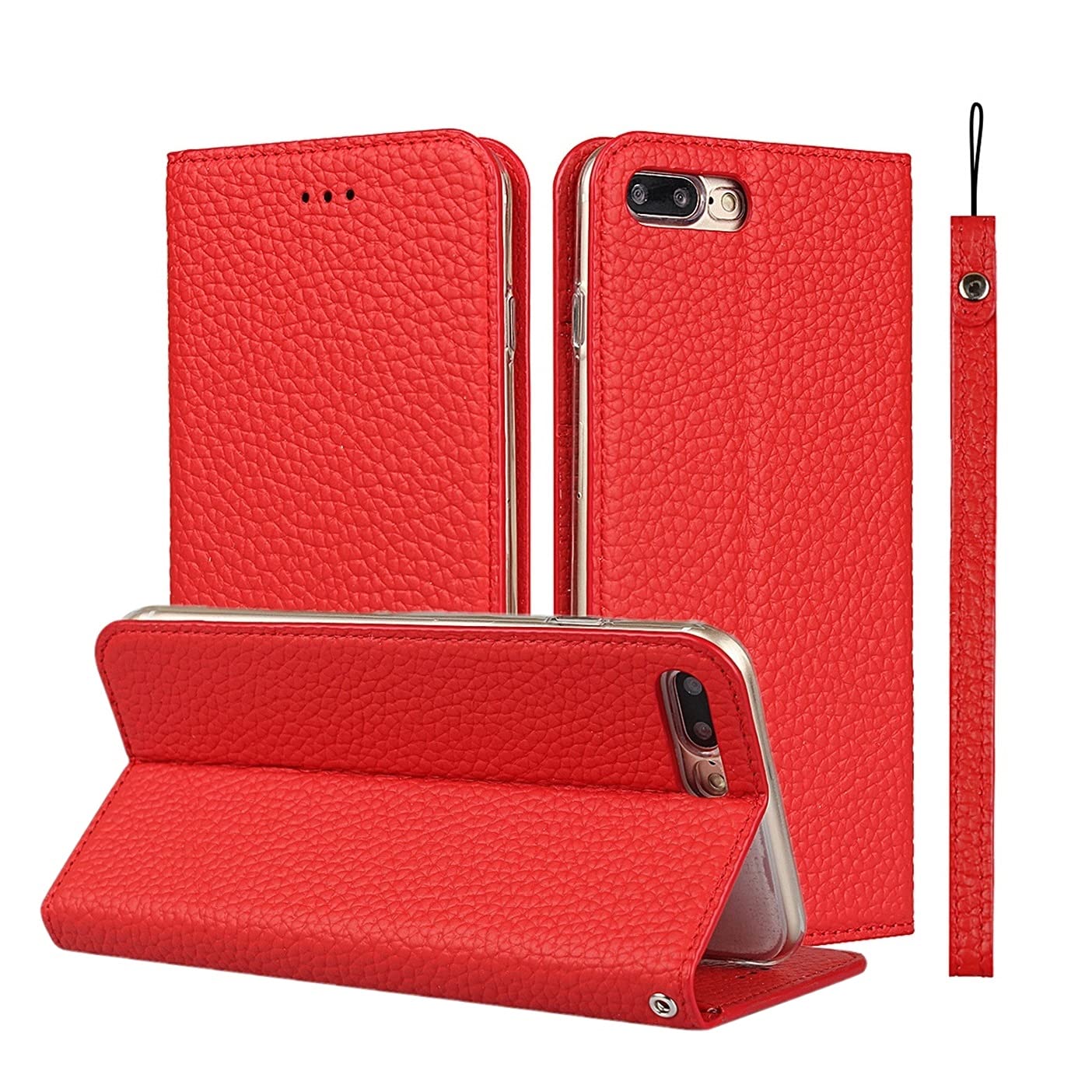 Genuine Leather iPhone 7 Plus/8 Plus Wallet Case with Magnetic Closure - Wrist Strap, Card Holder & Kickstand Feature | Flip Cover for Everyday Protection & Convenience (Red) | Perfect for Work, Travel & Daily Use