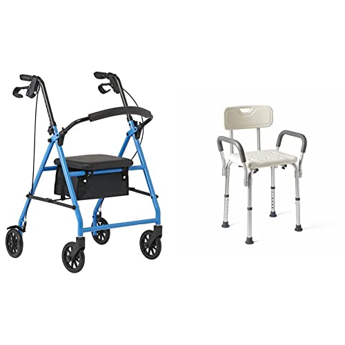 Medline Mobility Lightweight Folding Steel Rollator Walker with Padded Seat - Light Blue | Shower Chair Bath Seat with Armrests & Back Support - 350 lbs Weight Capacity - Ideal for Seniors & Mobility Assistance at Home, Bathroom Safety & Outdoor Use