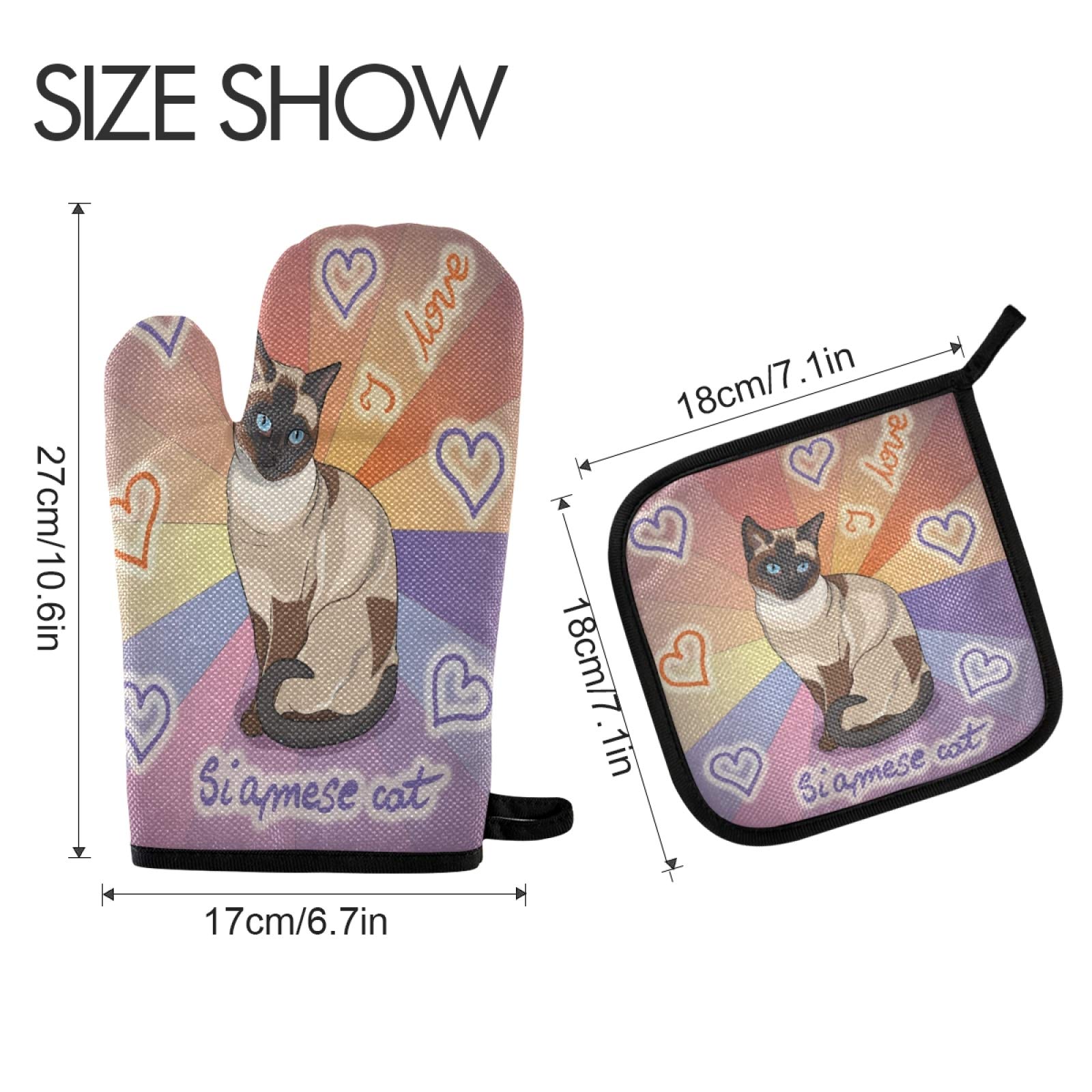 QUGRL Siamese Cat Oven Mitts and Pot Holders Set - Colorful Heart Pattern Heat Resistant Kitchen Gloves for Baking, Cooking, BBQ & Hot Pads - Perfect for Handling Cookware, Bakeware and Grilling Accessories