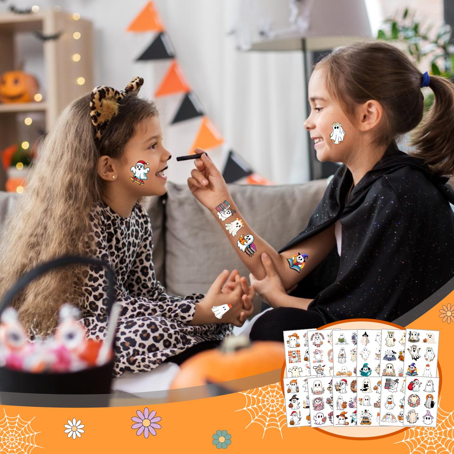 144 PCS Halloween Ghost Temporary Tattoos Stickers - Spooky Party Favors for Kids, Teens & Adults - 24 Sheets - Perfect for Halloween Parties, Costume Accessories & Trick-or-Treat Fun