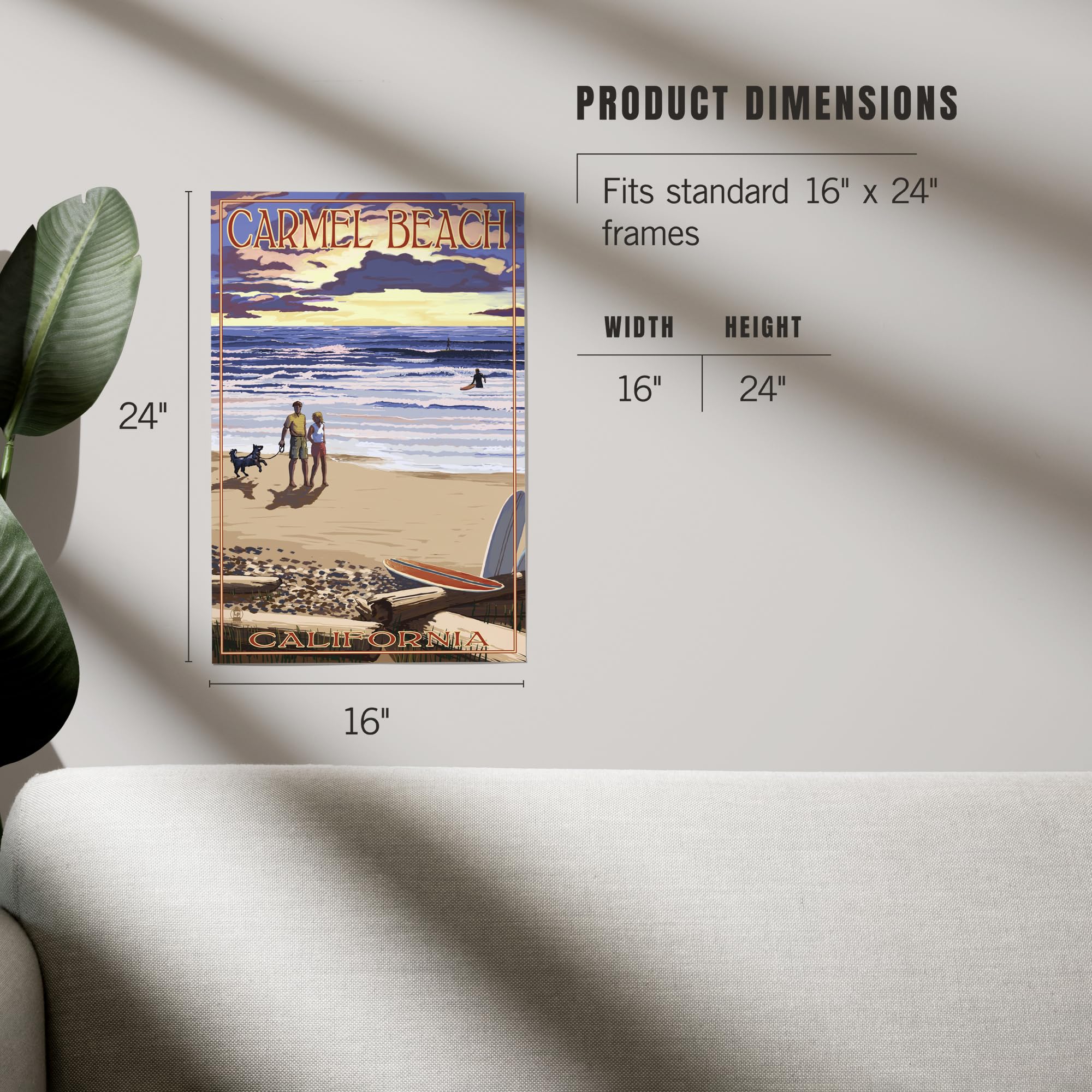 Lantern Press 16x24 Inch Giclee Print - Carmel Beach California Sunset Beach Scene Wall Art for Living Room, Bedroom & Office Decor