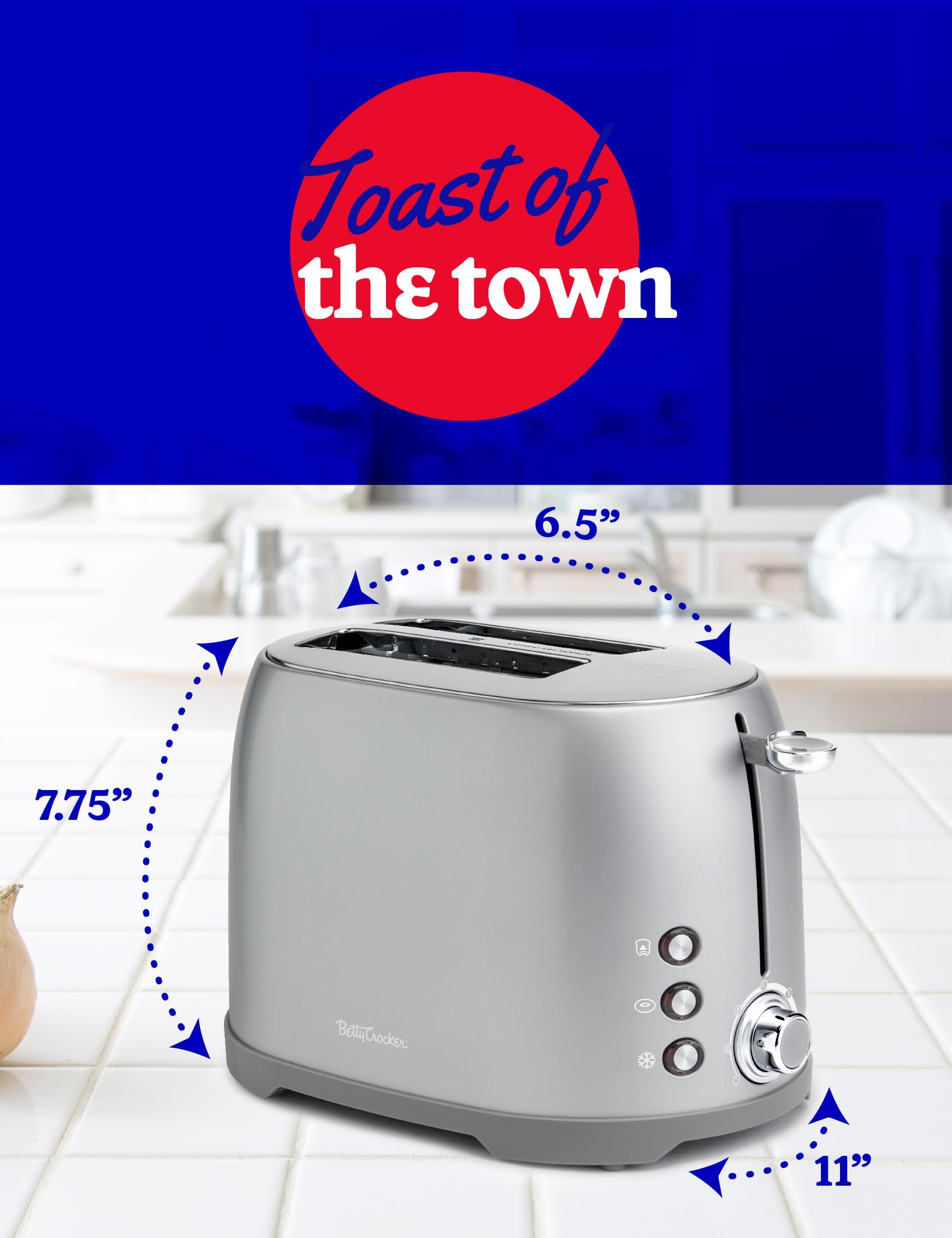 Betty Crocker 2-Slice Multi-Function Toaster with Extra Wide Slots - Perfect for Thick Bread, Bagels & Waffles - Adjustable Toast Shade Control & Slide-Out Crumb Tray - Silver - Ideal for Breakfast, Brunch & Quick Snacks at Home or Office