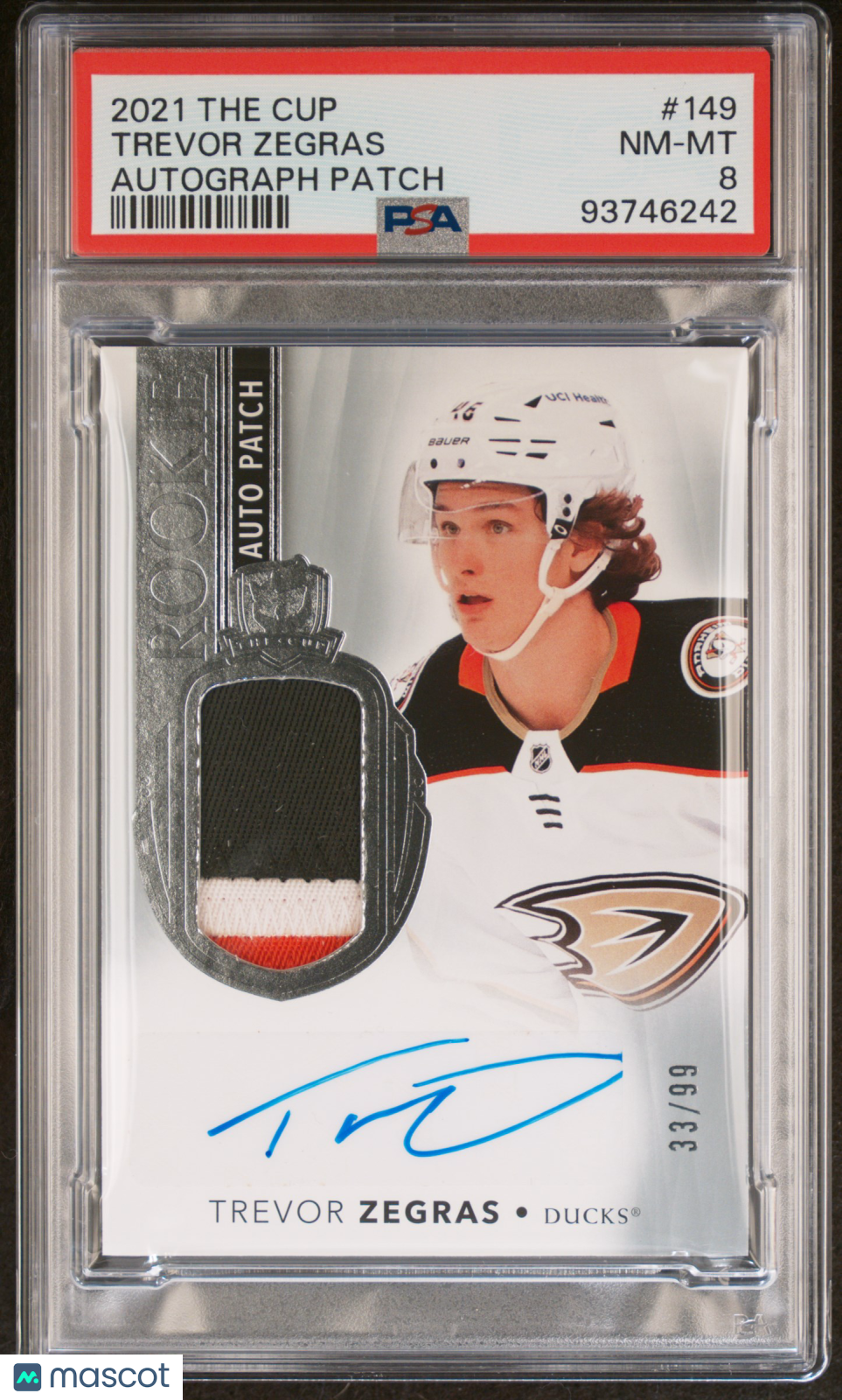 2021-22 Upper Deck The Cup Hockey PSA 8 Trevor Zegras Rookie Patch Auto /99 - Rare Collectible Hockey Card for Trading, Investing & Display - Perfect for NHL Fans and Sports Memorabilia Collectors