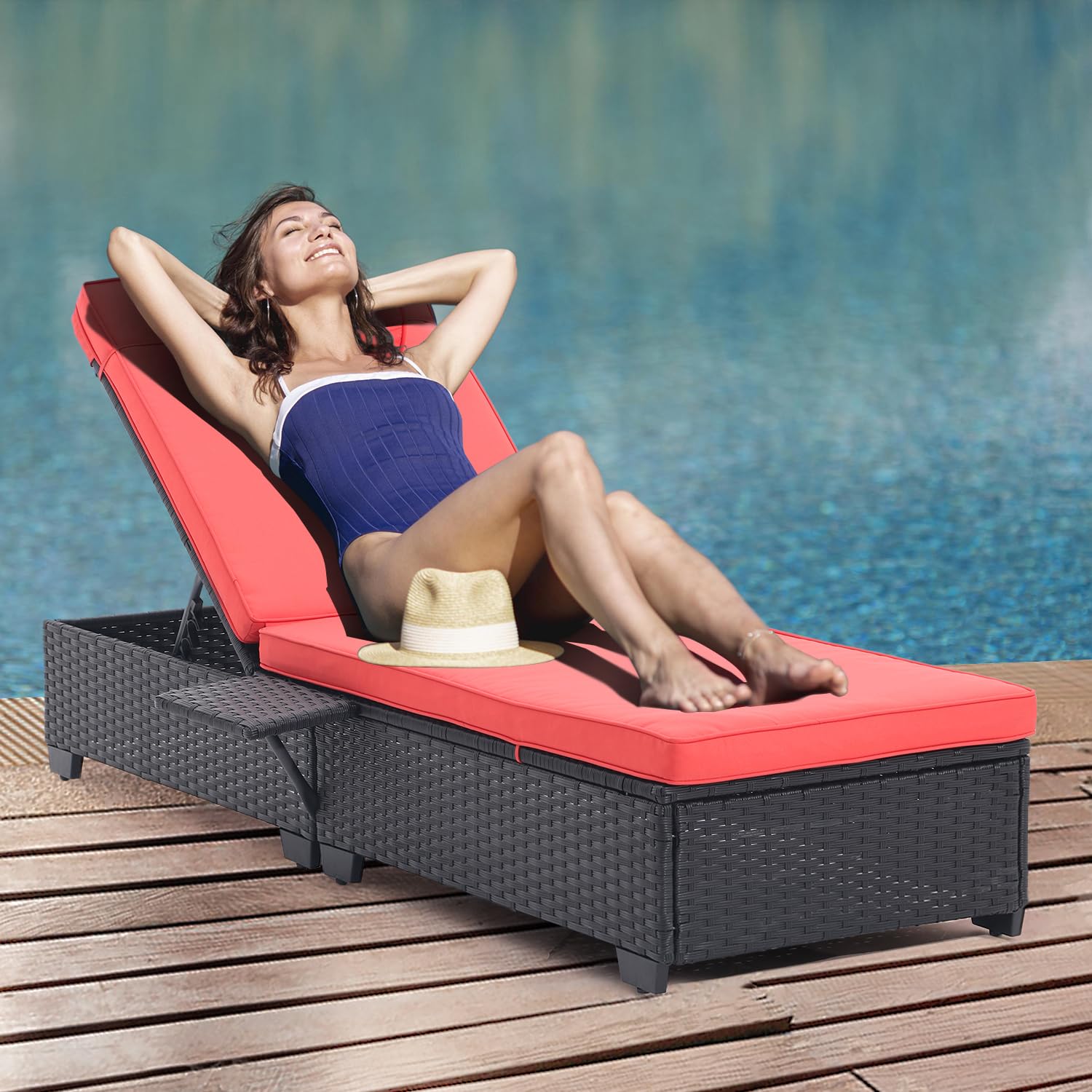 5-Speed Adjustable PE Rattan Chaise Lounge Chairs for Outside - Set of 2 with Cup Holder & Cushions - Patio, Poolside, Beach & Yard Reclining Chairs (Orange Red) - Perfect for Sunbathing, Relaxing & Outdoor Lounging