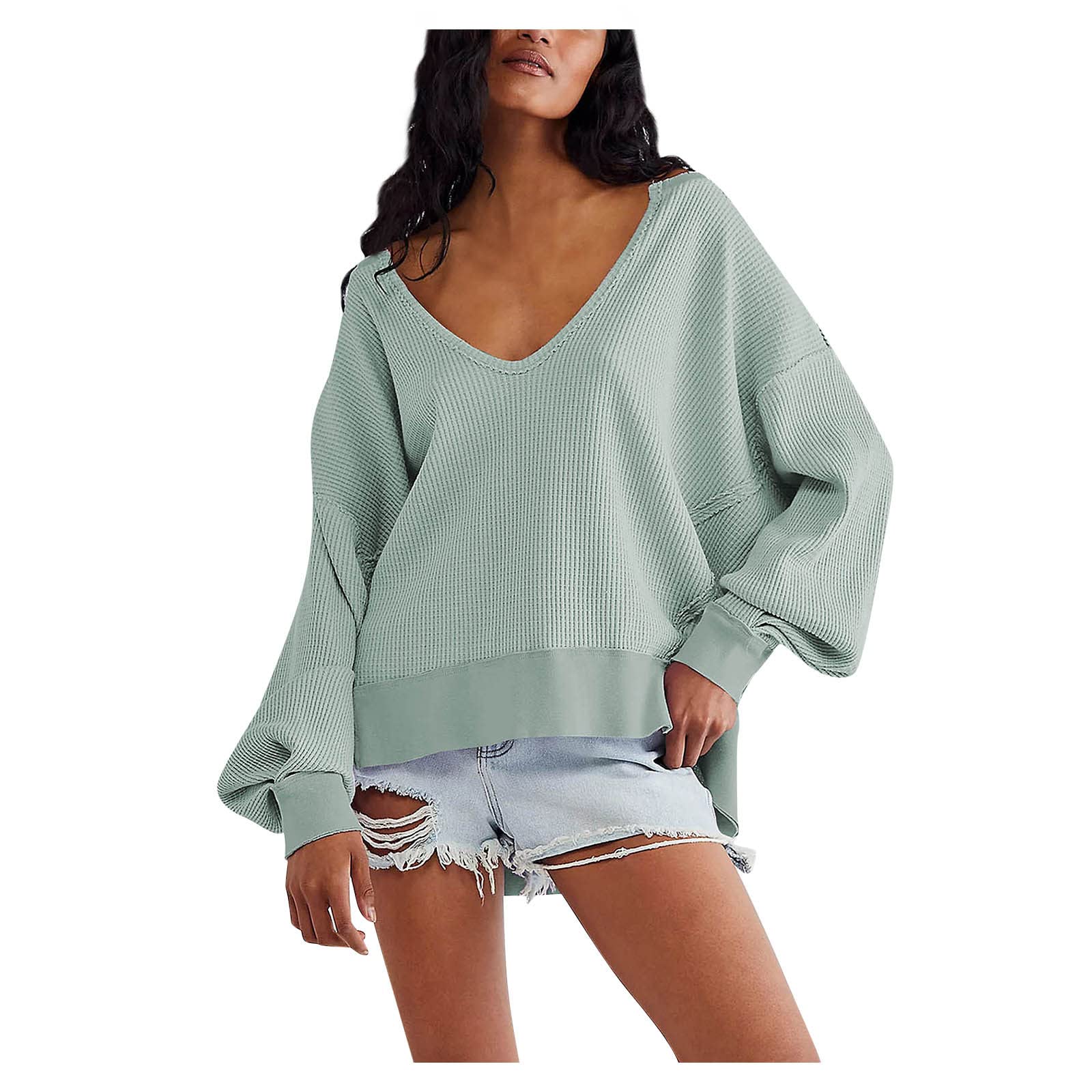 Women's Oversized Pullover Tunic Top - Deep V Neck Waffle Knit Long Sleeve Shirt with Side Split - Loose Fit Summer Blouse for Casual Wear, Beach Cover-Up & Boho Outfits