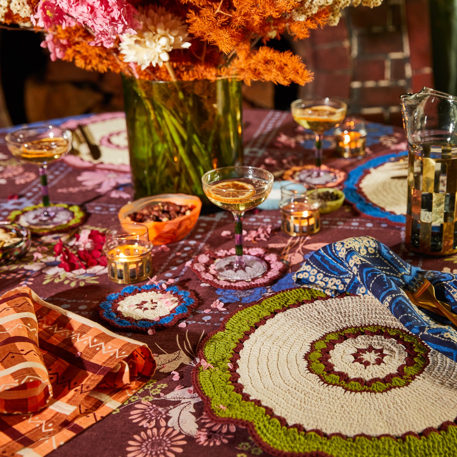 Handmade Hema Crochet Placemat Set - 6-Piece Boho Table Mats for Dining Table Decor, Farmhouse Kitchen, and Wedding Party Settings