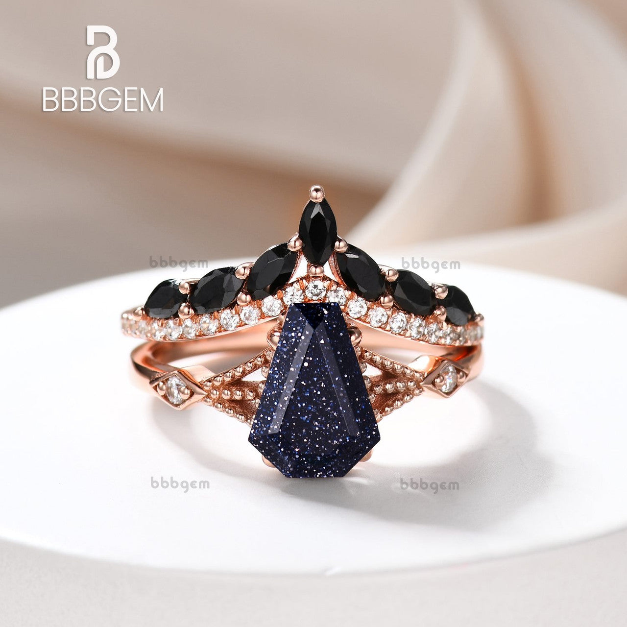 Gothic Skull Coffin Ring Set - Blue Goldstone Engagement Ring & Black Spinel Wedding Band for Alternative Couples, Dark Romance Jewelry Gift for Halloween, Vampire Themed Weddings