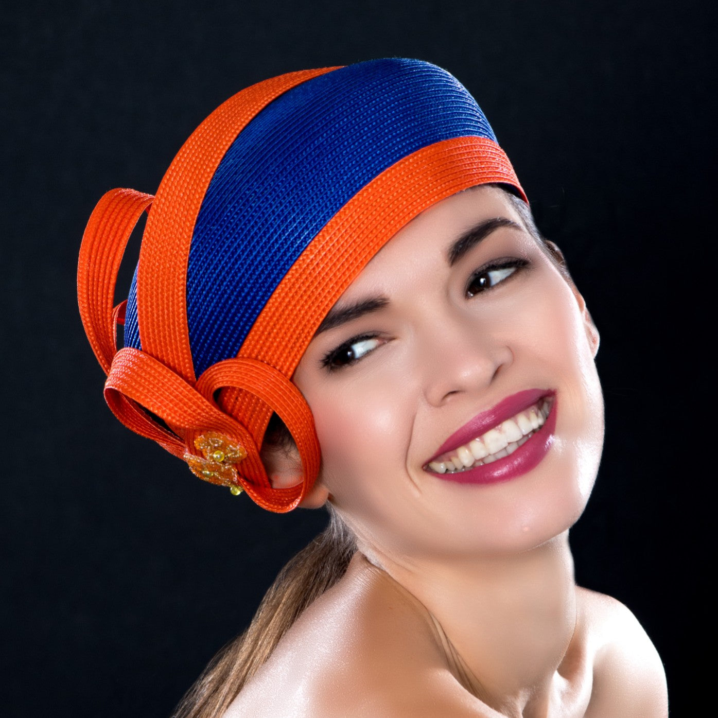 Royal Blue Dress Hat with Orange Trim Design - Elegant Women's Fashion Hat for Weddings, Parties & Special Occasions