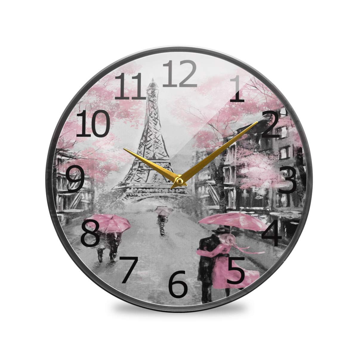 ALAZA Paris Eiffel Tower Couple Pink Floral Acrylic Painted Silent Non-Ticking Round Wall Clock - 9.5 Inch Battery Operated Quiet Decorative Clock for Home, Bedroom, Living Room, Dorm, Office & School - Perfect Romantic Gift & Wall Art Decor for Couples, Anniversaries & French-Themed Spaces
