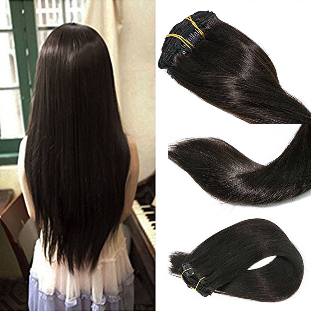 PolestarHair 70 Gram Clip in Human Hair Extensions - 7 Pieces Natural Black (1B) Silky Straight Remy Virgin Hair - 22 Inches for Length & Volume - Perfect for Daily Styling, Parties & Special Occasions