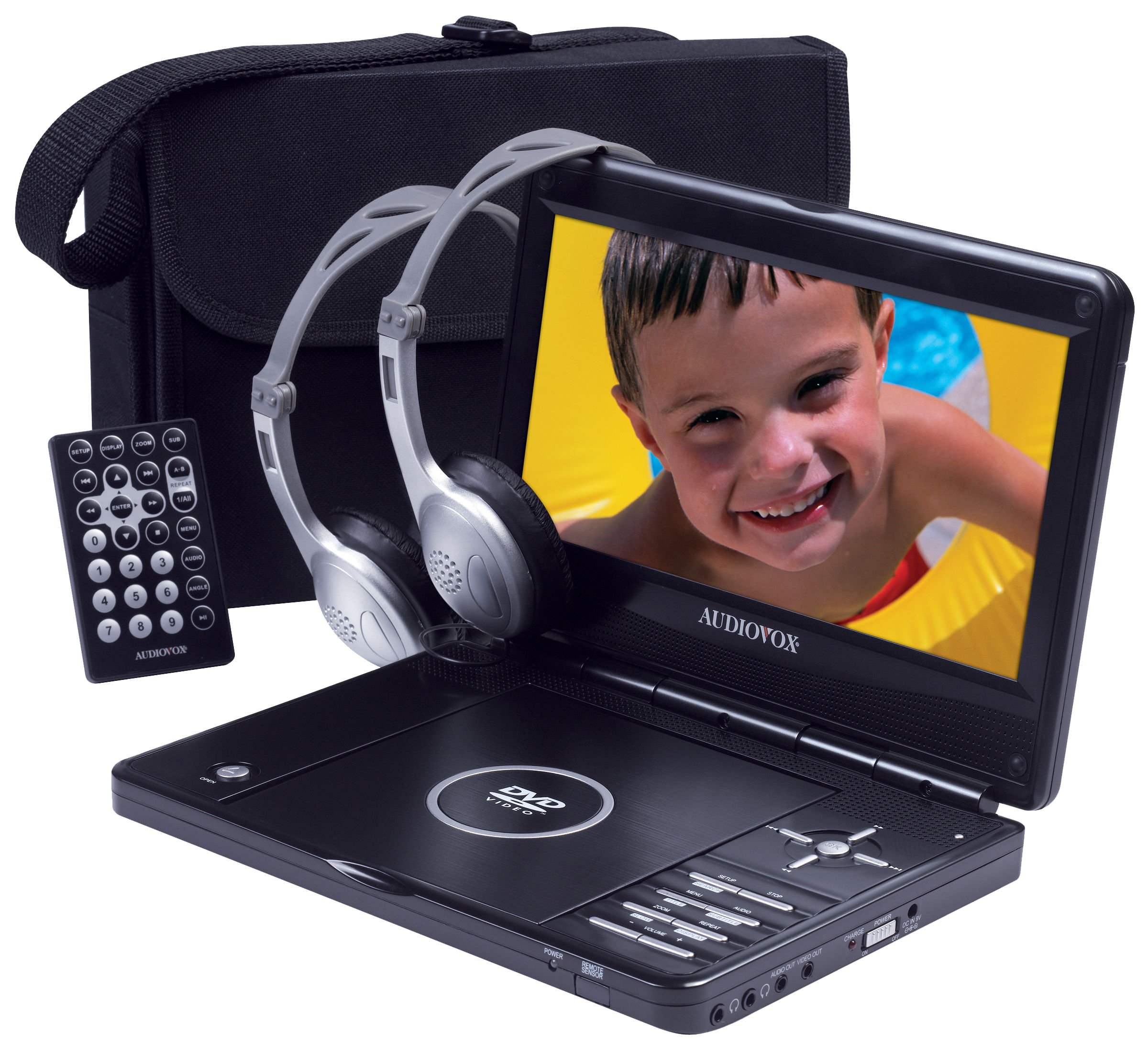 Audiovox D1998PK 9-Inch Ultra Slim Portable DVD Player with Built-in Stereo Speakers, Includes Bonus Headphones & Car Charger - Perfect for Road Trips, Travel & Kids Entertainment