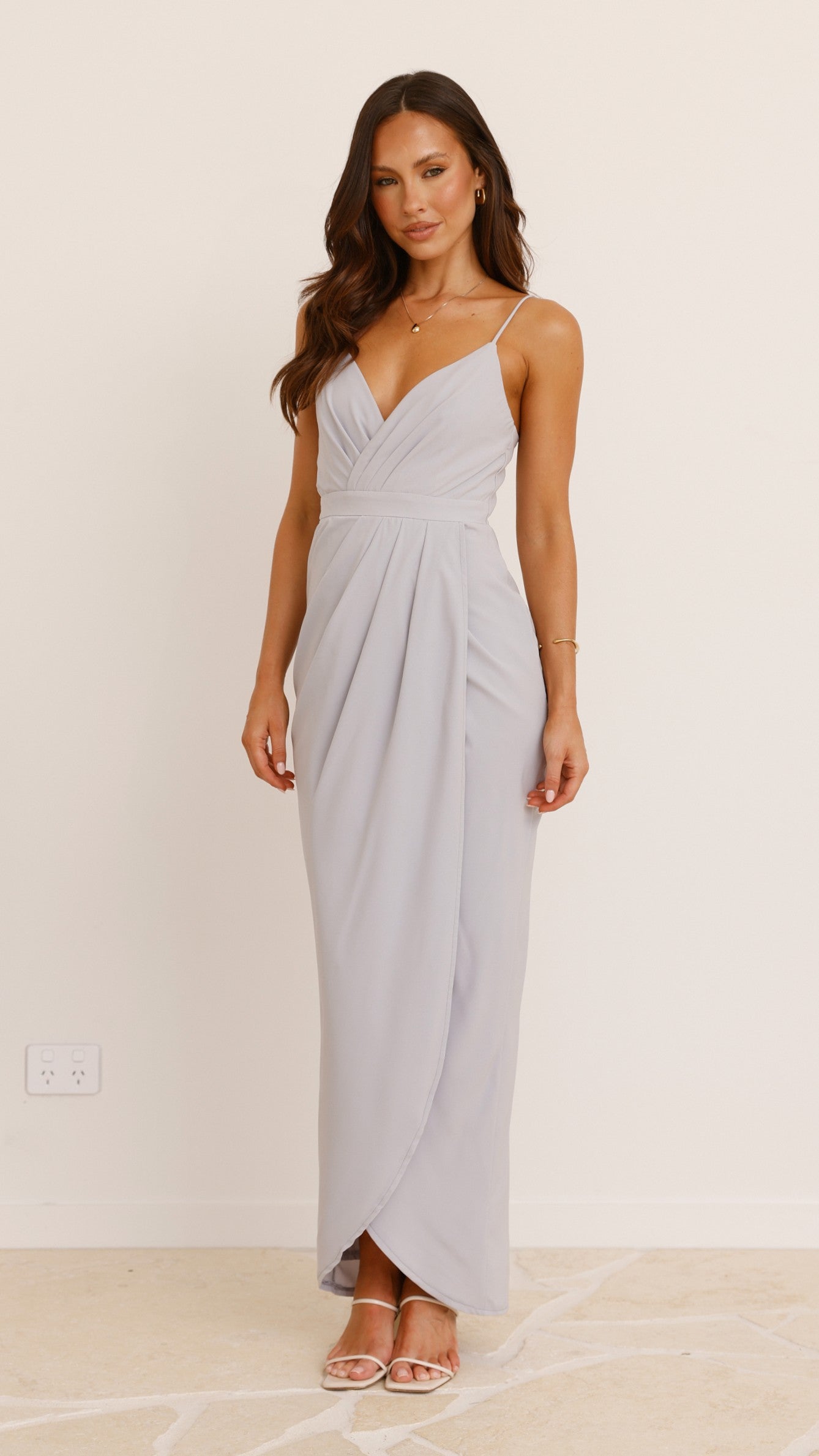 Charlotte Draped Maxi Dress - Light Grey Flowy Long Evening Gown for Women | Perfect for Weddings, Parties & Special Occasions