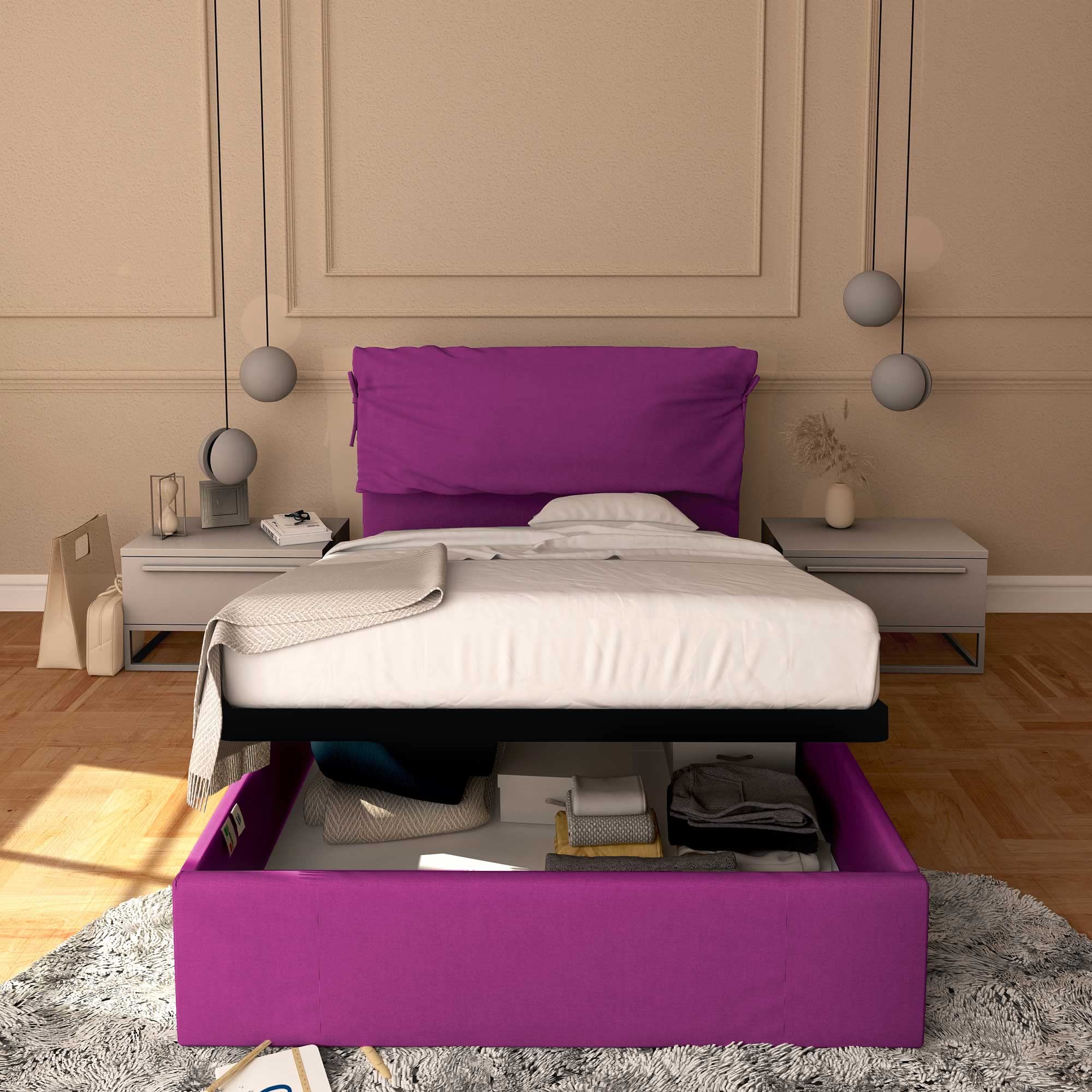 Baldiflex Licia Soft - Twin Size Bed Frame with Storage, Fabric Upholstery, Slatted Base for 120 x 190 cm Mattress, Padded Headboard in Fuchsia - Perfect for Small Bedrooms, Guest Rooms & Dormitories