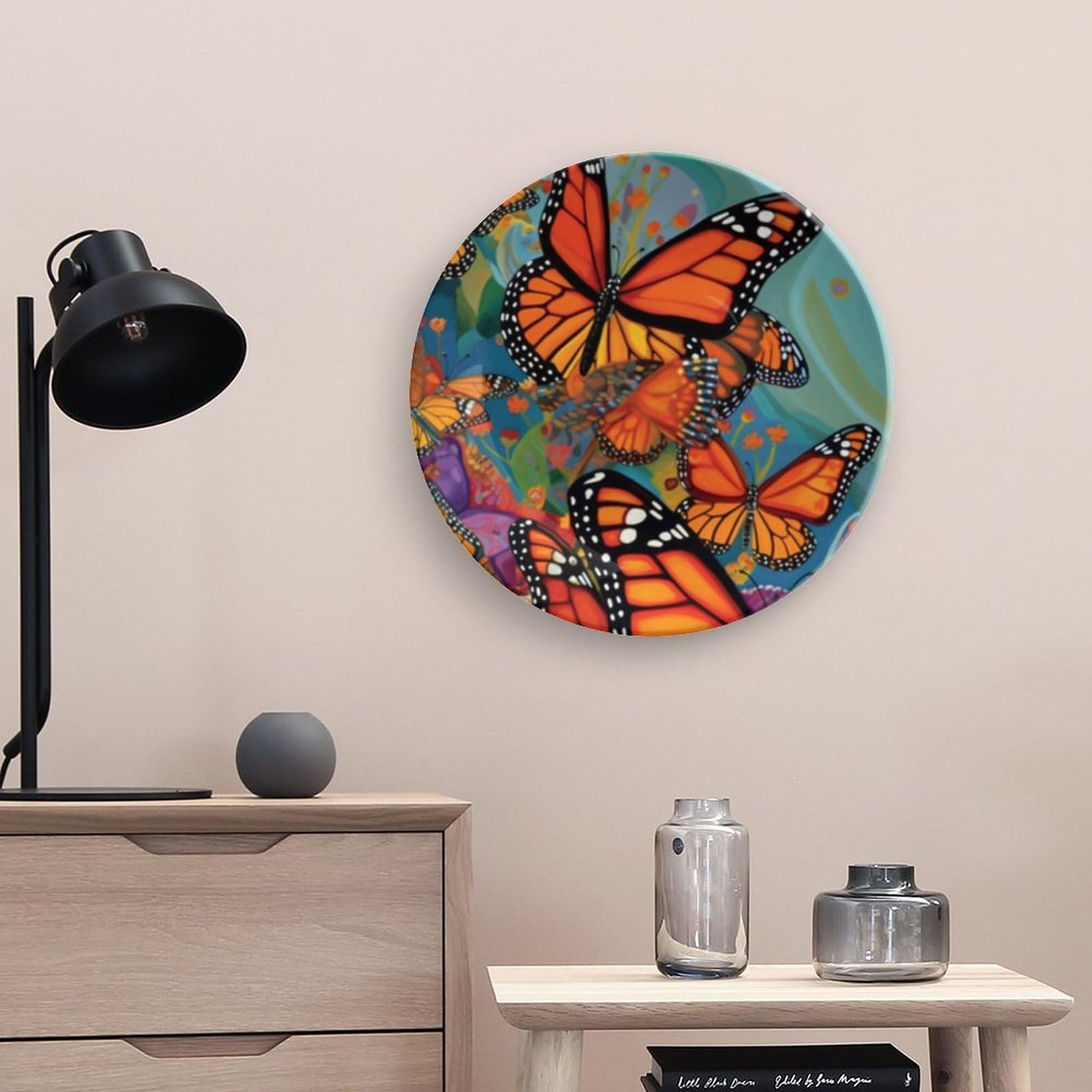 VHP Bone China Decorative Plate - Monarch Butterflies Abstract Ceramic Wall Art for Home & Office Decor with Vertical Stand | Elegant Display for Living Room, Dining Room, Bedroom or Clubhouse