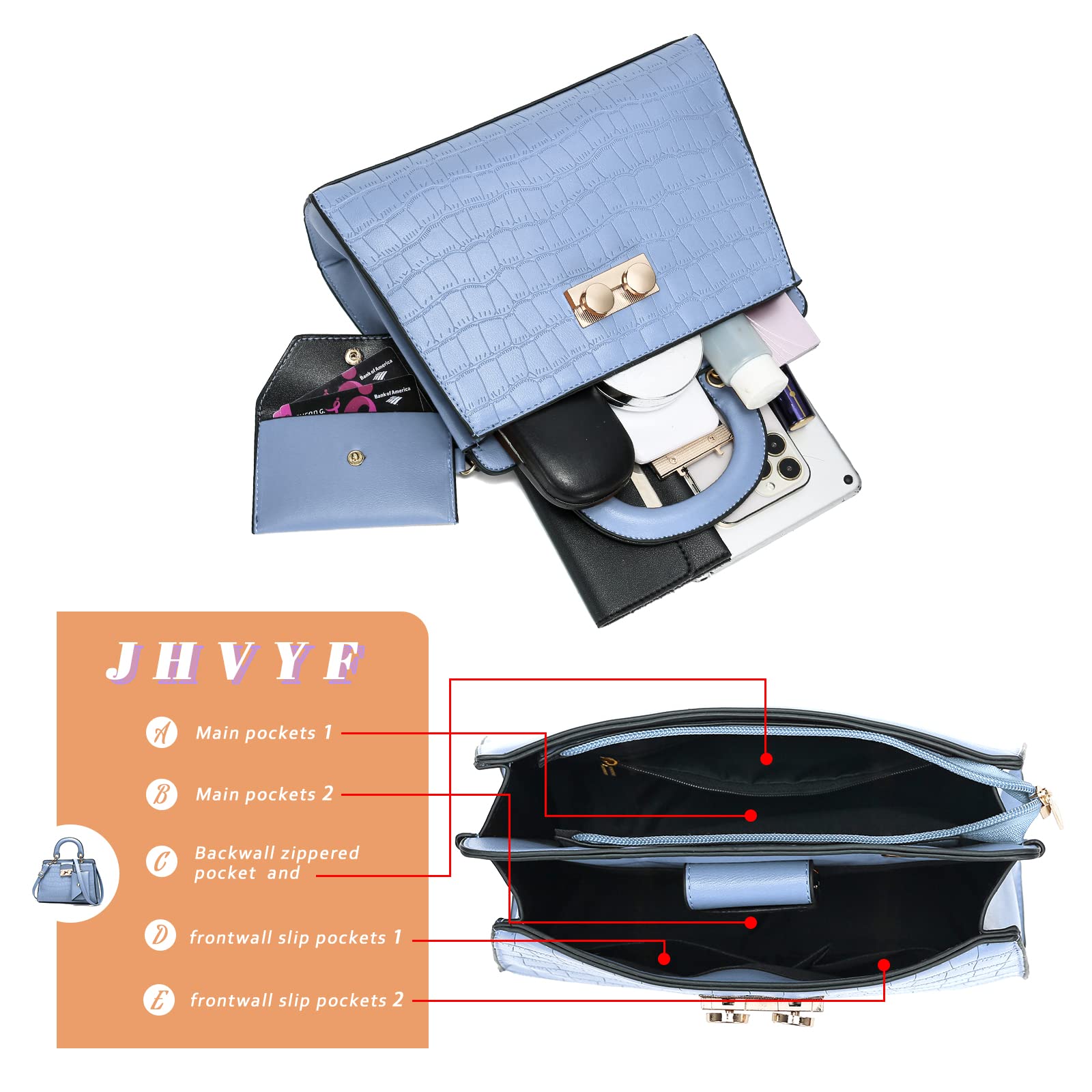 JHVYF Women's Classic Top Handle Handbag - Crossbody Casual Purse Satchel Tote Bag for Work, Travel & Everyday Use