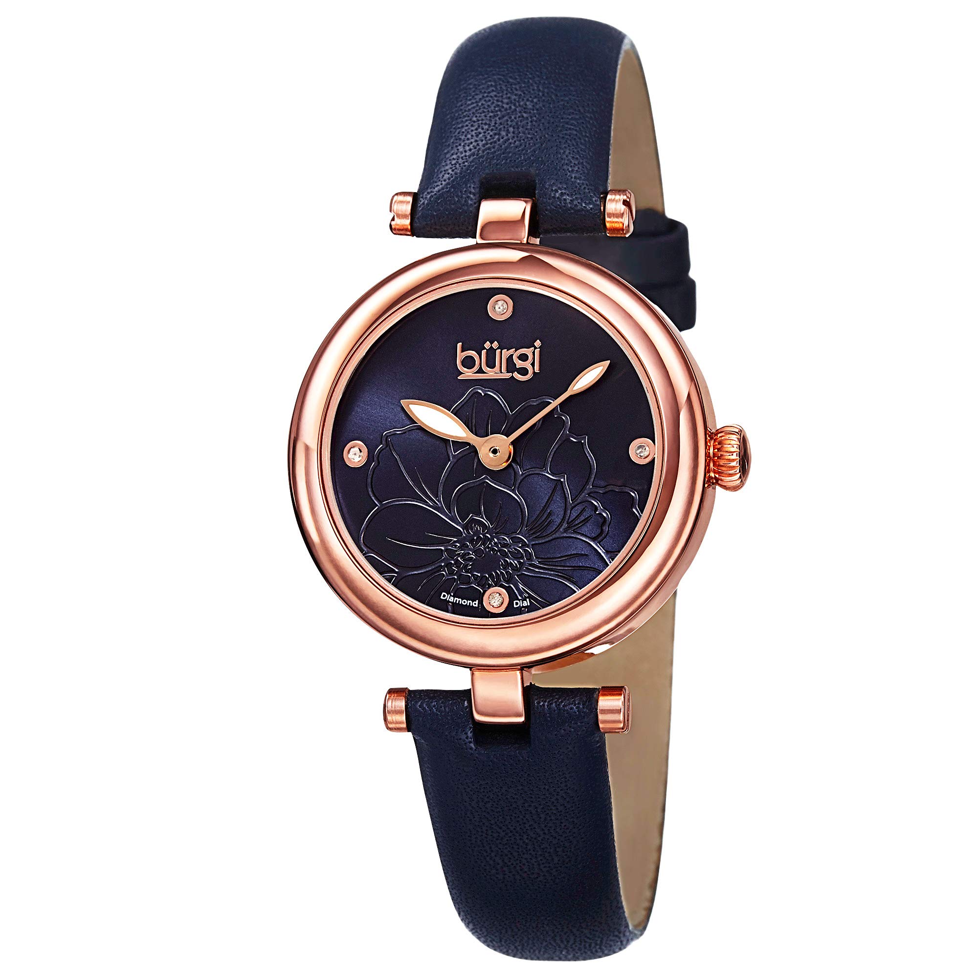 Burgi Diamond Accented Flower Dial Watch for Women - 4 Genuine Diamond Hour Markers on Premium Leather Strap - BUR128 - Perfect for Office, Party & Special Occasions