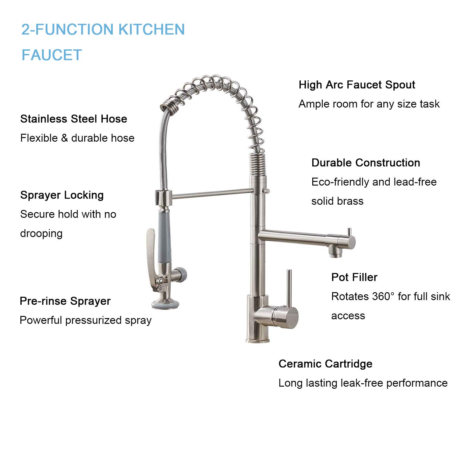 Brass Kitchen Faucet with Pull Down Sprayer - Brushed Nickel for Modern Home