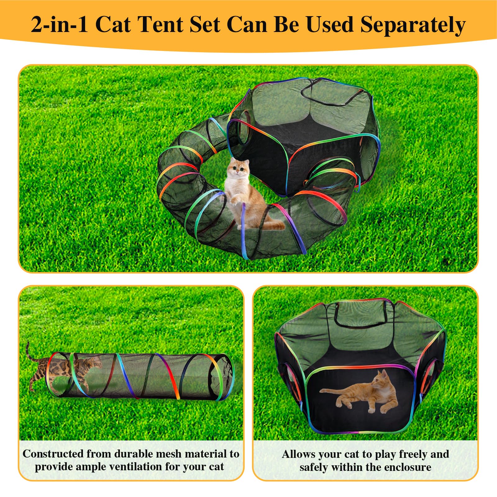 Homegroove Outdoor Cat Enclosures - Rainbow Portable Cat Playpen for Indoor Cats, Includes Cat Tent & Tunnel with Carry Bag - Perfect for Multiple Cats & Small Pets - Ideal for Backyard, Patio, and Travel Adventures