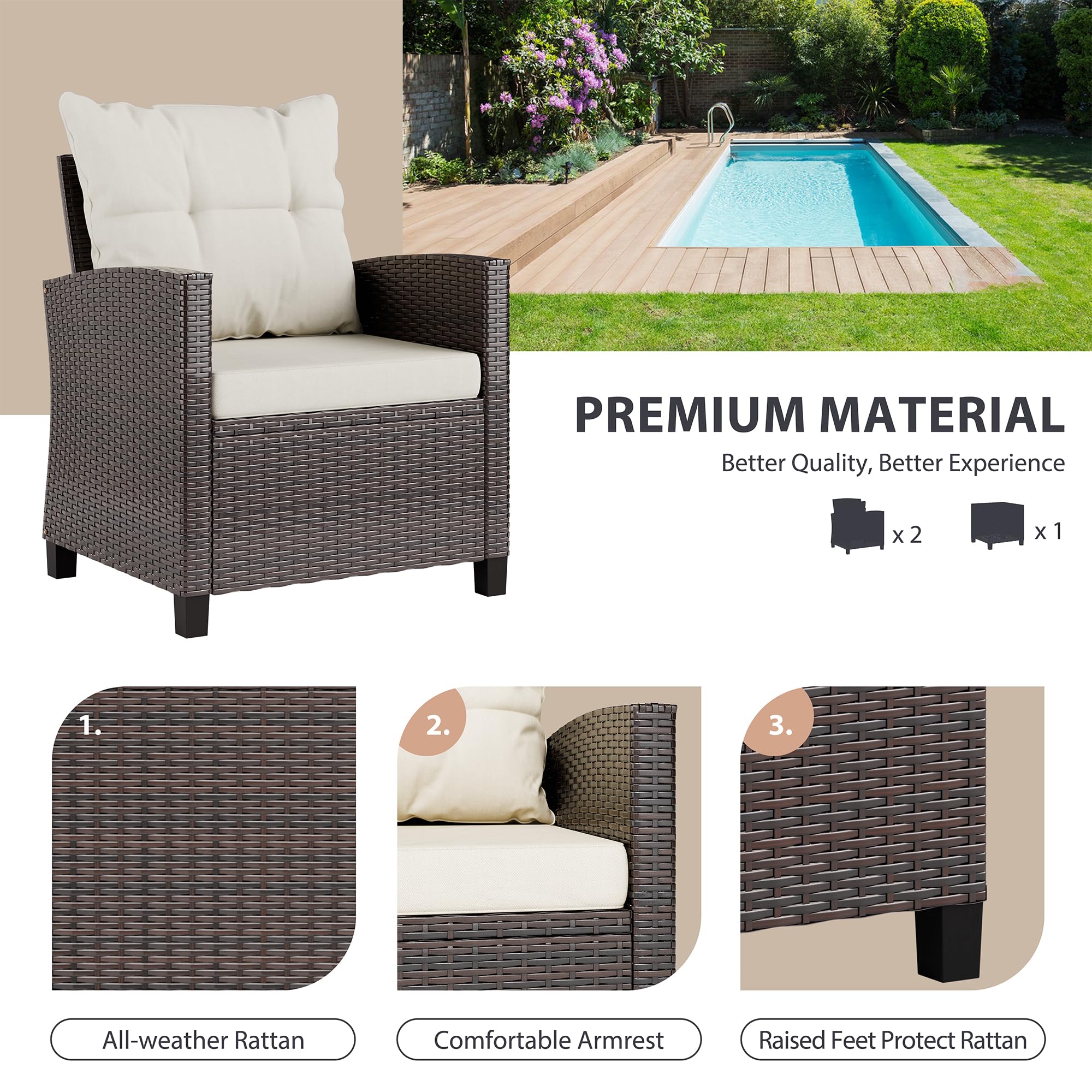 Vongrasig 3-Piece Outdoor Patio Furniture Set - Wicker Rattan Bistro Set with Cushioned Chairs & Glass Table for Porch, Garden, Backyard, Balcony, Poolside (Beige) | Perfect for Small Spaces, Relaxing Mornings & Outdoor Entertaining