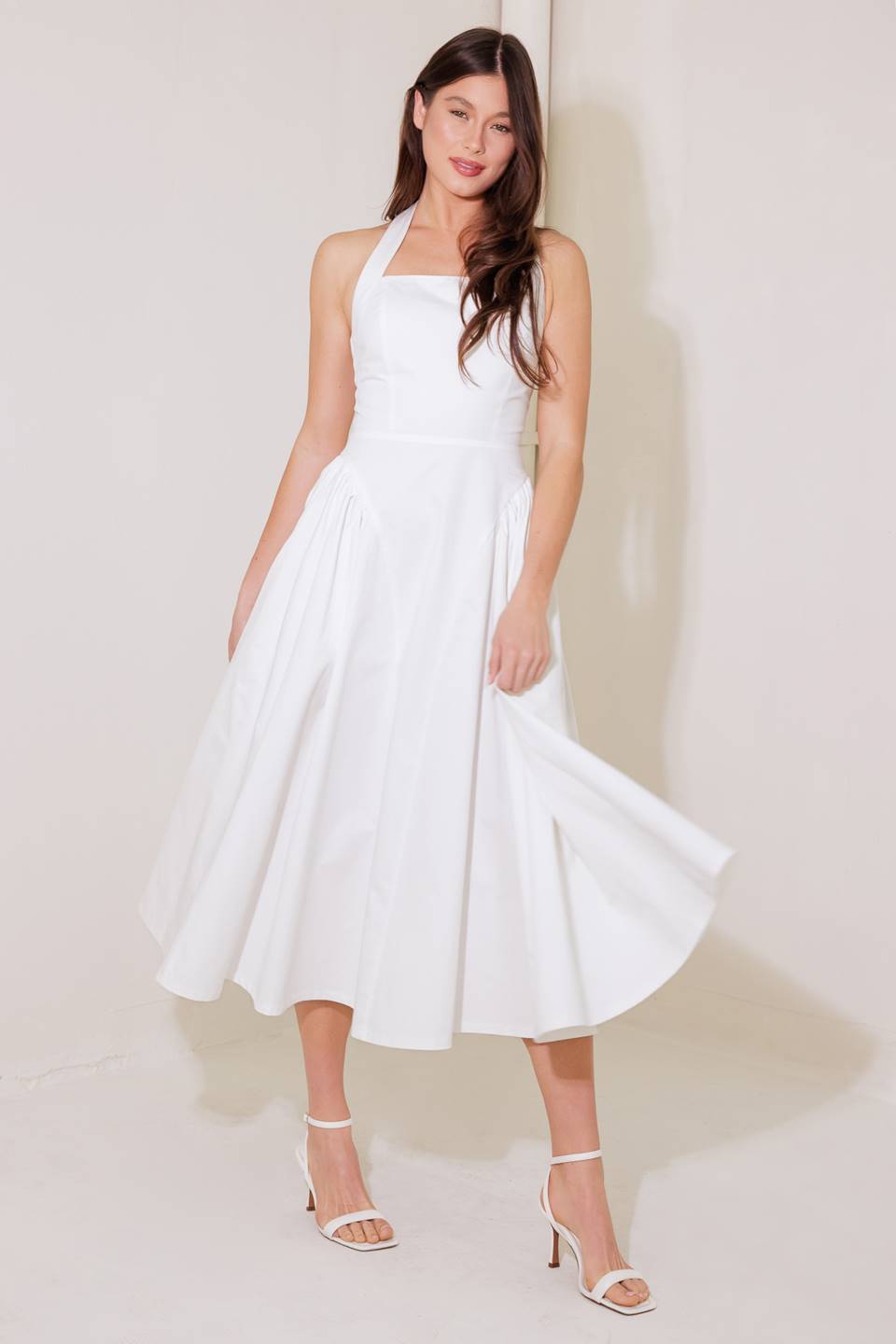 Stylish White Halter Midi Dress for Women - Perfect for Summer Outings, Beach Vacations, and Rainy Day Chic