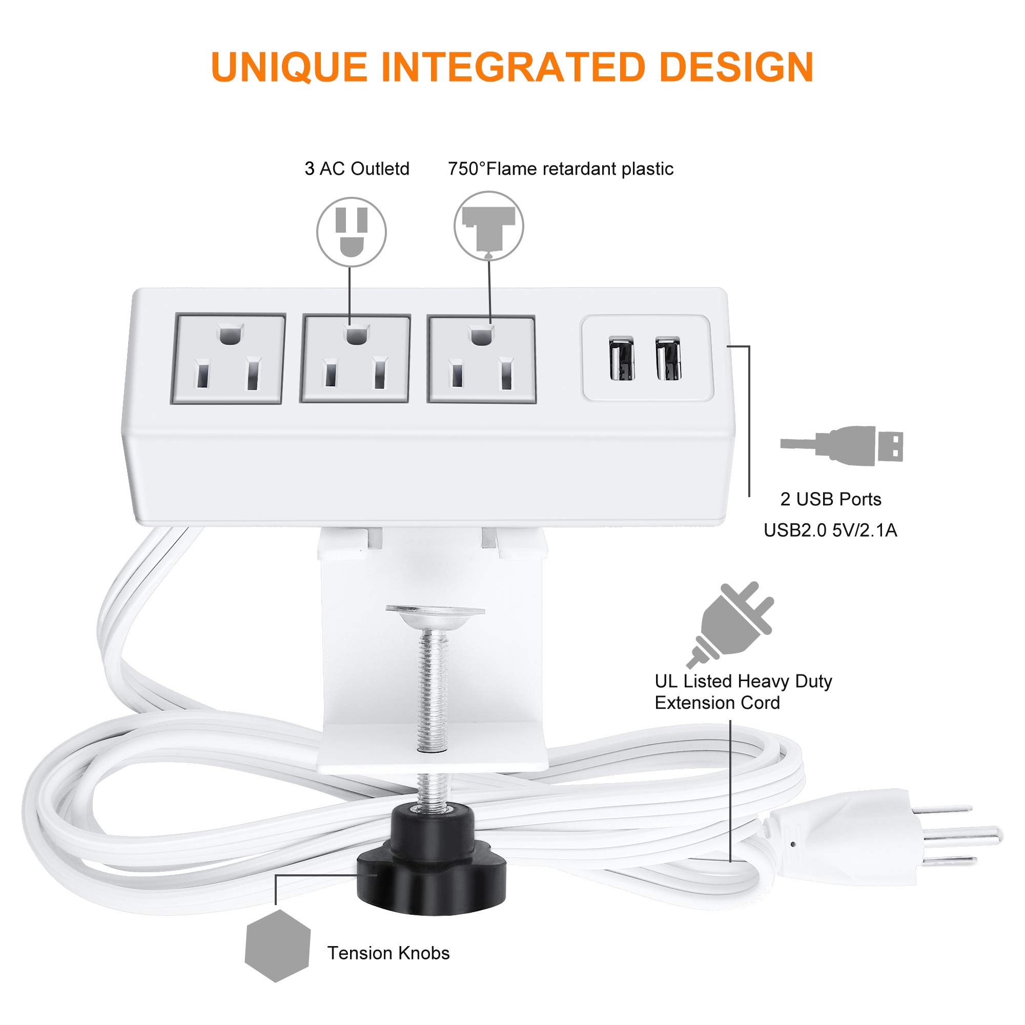 3 Outlet Desk Clamp Power Strip with USB - 10FT White for Home Office