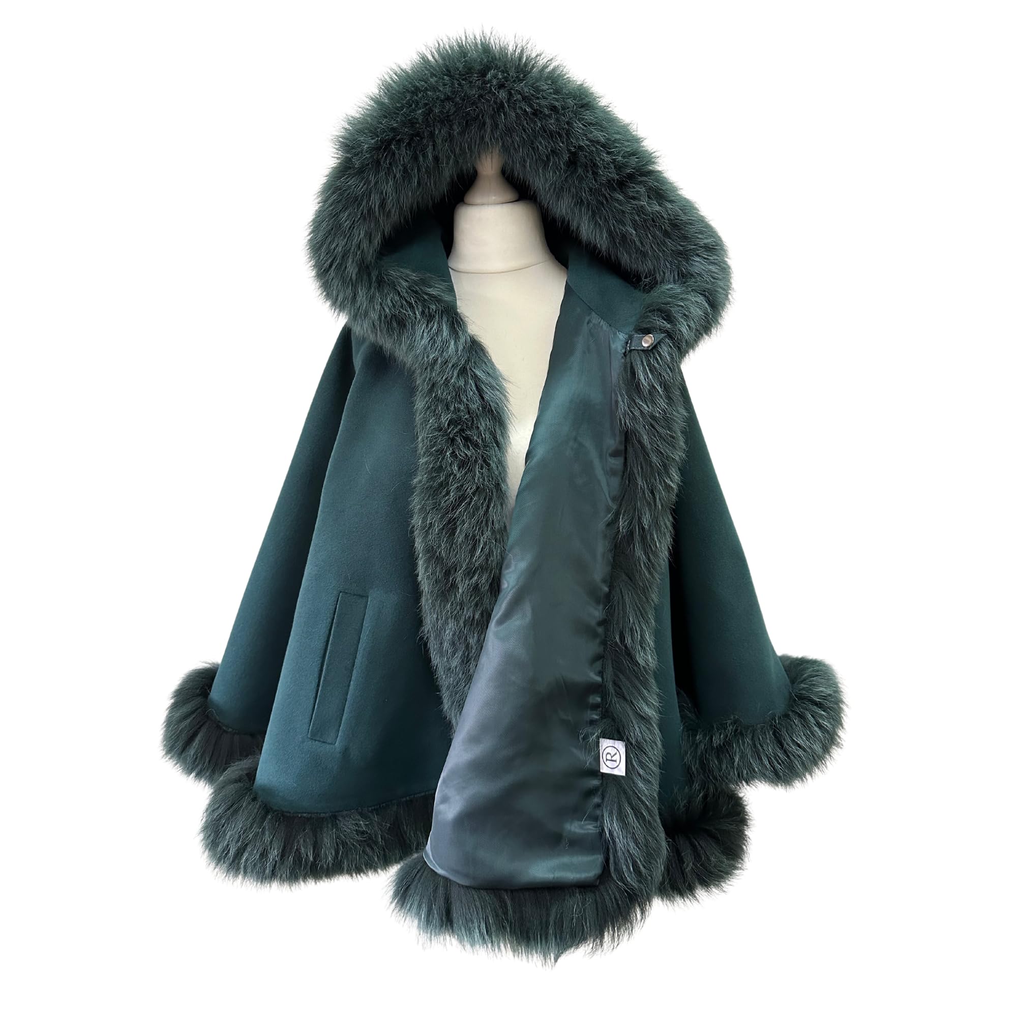 Luxury Green Cashmere Wool Blend Women's Winter Coat with Fox Fur Trim & Hood - Warm Cape Poncho Jacket for Cold Weather, Outdoor Activities & Holiday Fashion
