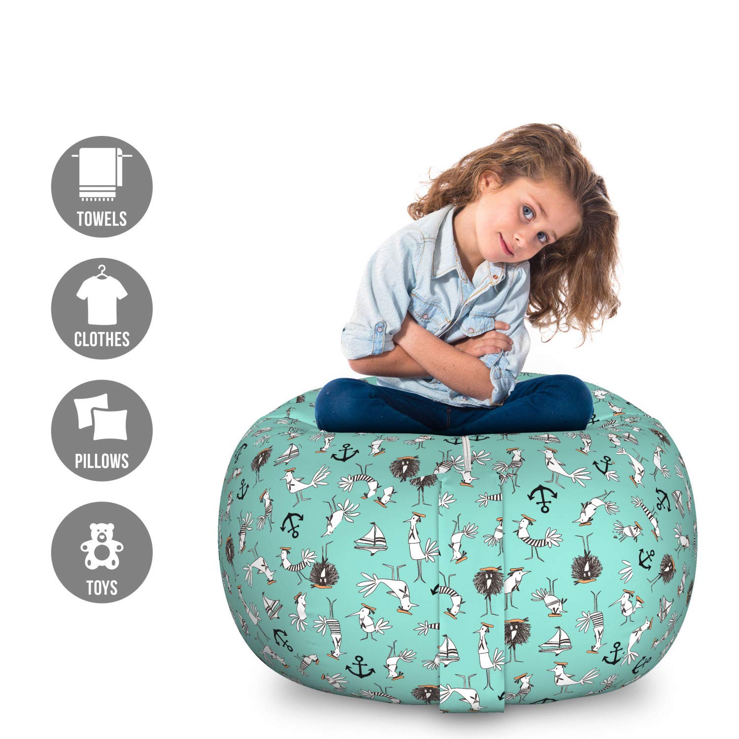 Ambesonne Nautical Toy Storage Bag Chair - Large Washable Stuffed Animal Organizer with Sailboats, Anchors & Birds Design in Seafoam Grey | Kids Room Decor, Playroom Storage, Nursery Organization