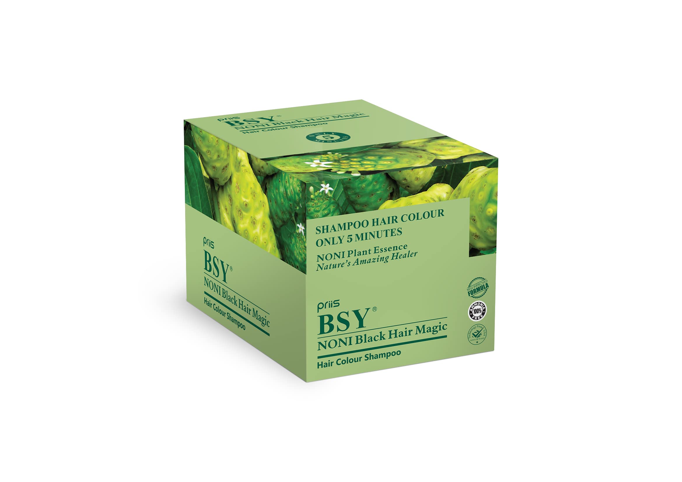 BSY Noni Black Hair Magic (12ml X 20 Sachets) - 100% Ammonia Free Hair Dye Shampoo | 5-Minute Fruit-Based Hair Color with Anti-Hair Fall Formula | For Quick Root Touch-Ups, Gray Coverage & Salon-Quality Results at Home