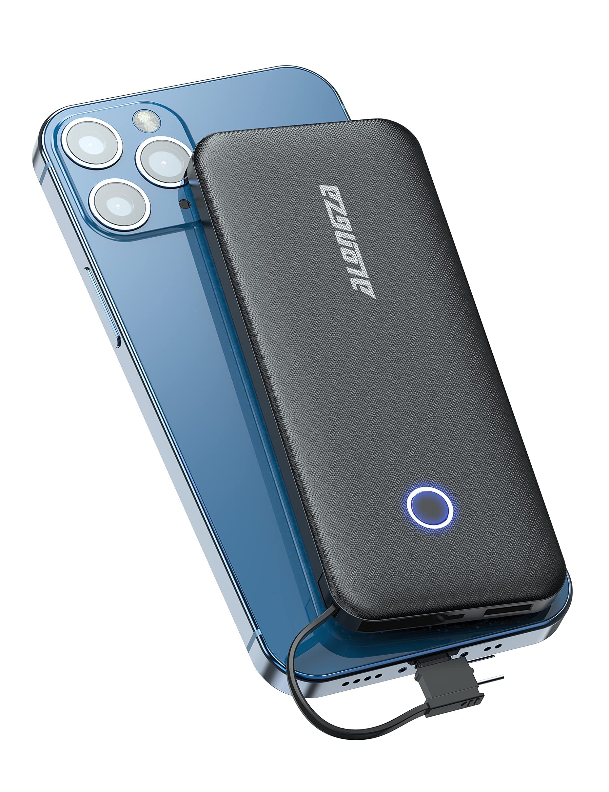 Alongza 10000mAh Portable Charger Power Bank with Built-in Cables - Slim & Lightweight External Battery Pack for iPhone, Android - Perfect for Travel, Camping & Emergency Power Backup