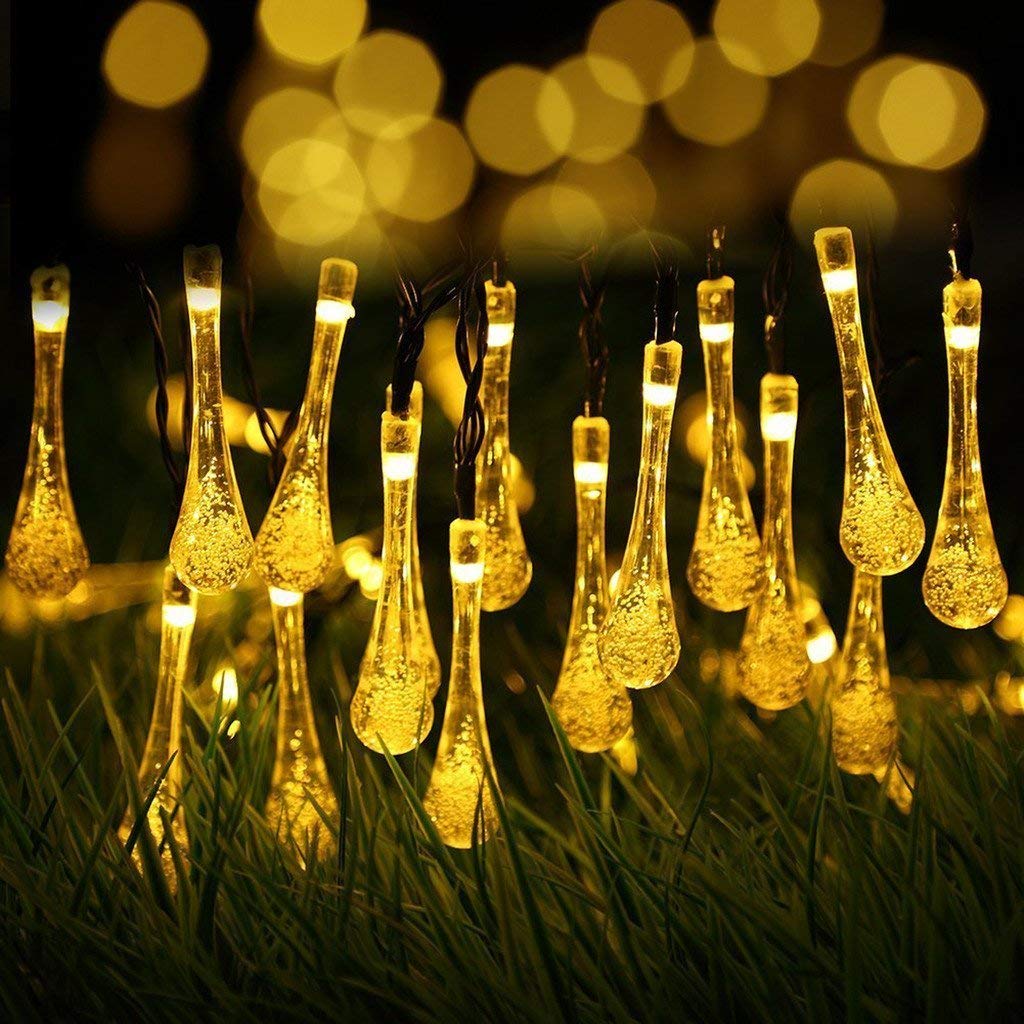 WONFAST 20ft 30 LED Solar Outdoor String Lights - Waterproof Crystal Water Drop Fairy Lights for Garden, Patio, Wedding & Christmas Decor (Warm White) | Perfect for Backyard, Party, Holiday & Outdoor Lighting