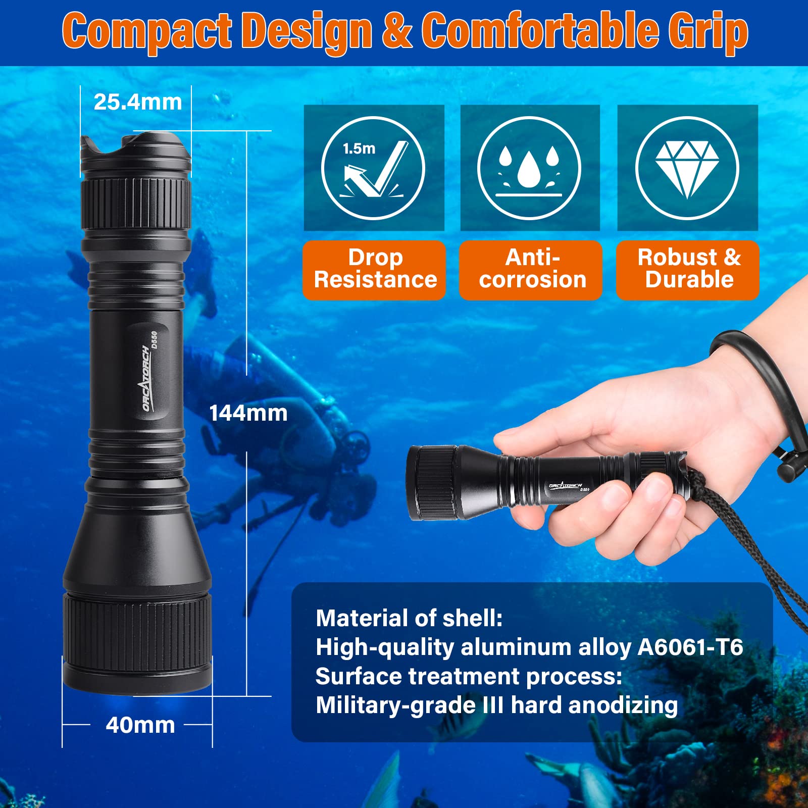 ORCATORCH D550 Scuba Dive Light - 1000 Lumens Waterproof Flashlight with 3 Modes, IP68 Submersible Torch for Diving, Snorkeling & Underwater Exploration | Wrist Strap for Hands-Free Use