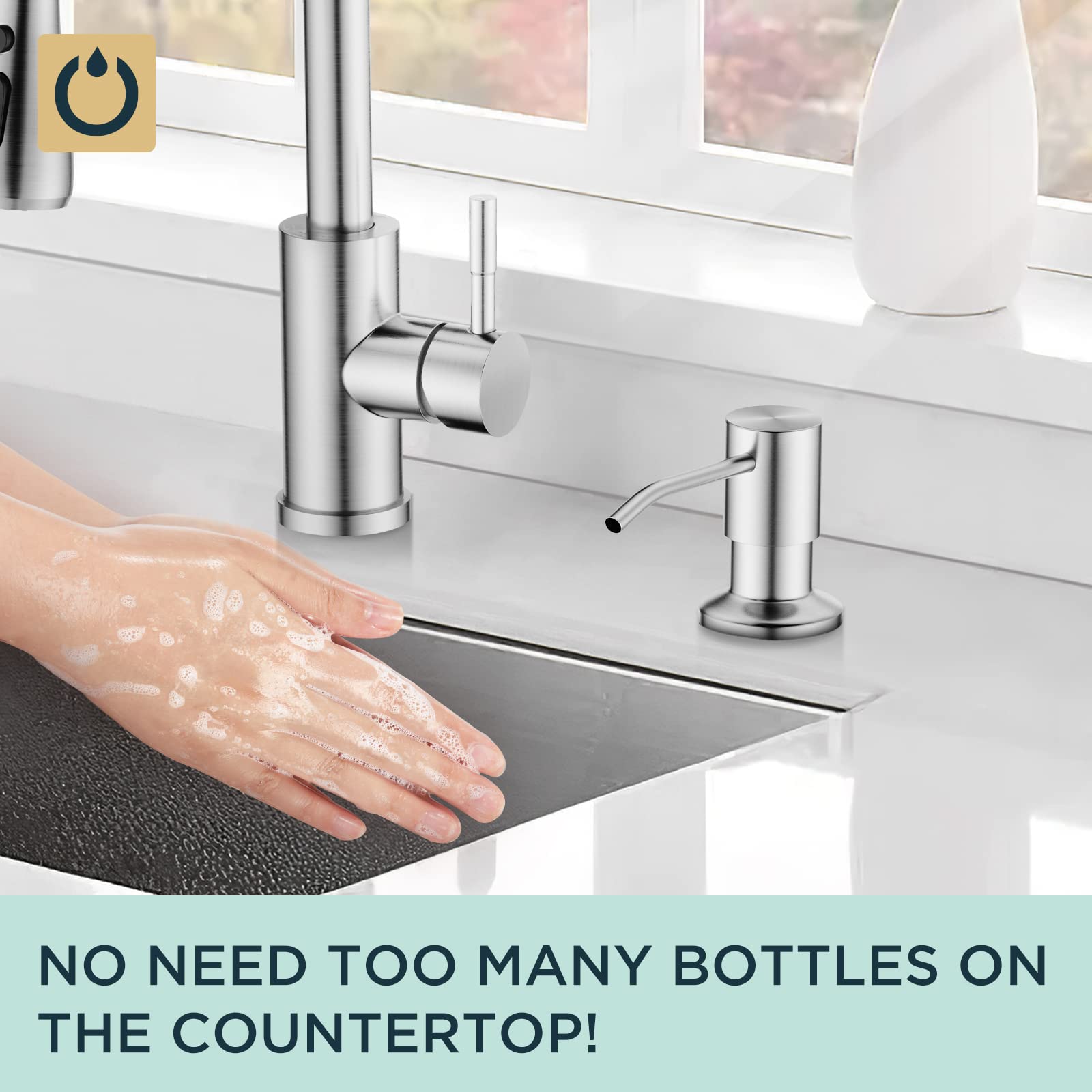 FORIOUS Brushed Nickel Soap Dispenser - 500ML/18OZ Top Refillable Liquid Soap Dispenser for Kitchen Sink Countertop, Bathroom, or Office | Elegant & Durable Lotion Dispenser with Easy One-Hand Operation