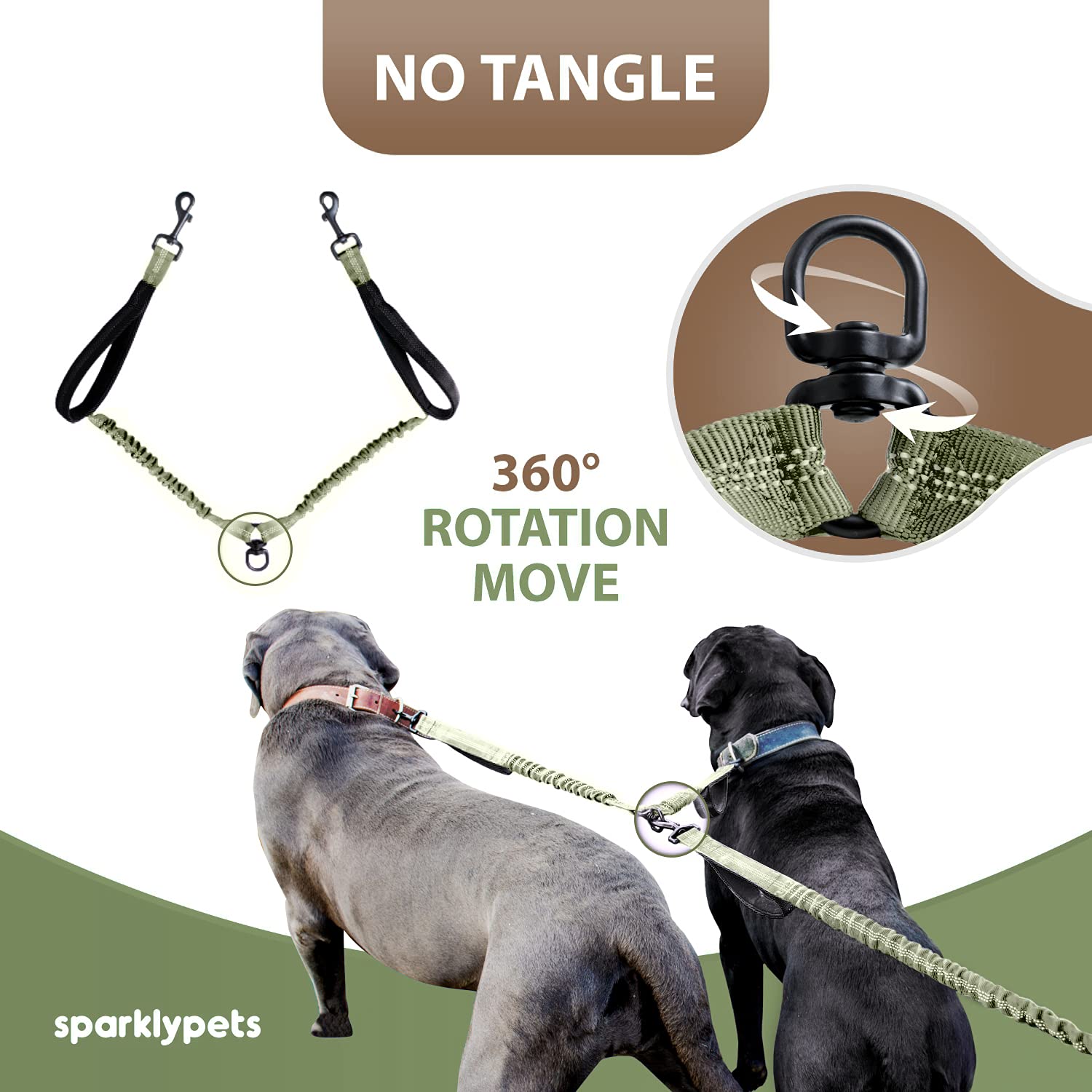 SparklyPets Hands Free Double Dog Leash for Medium & Large Breeds - No Pull Tangle-Free Dual Leash with Padded Handles & Reflective Stitching - Perfect for Walking, Running, Hiking with 2 Dogs (Green)
