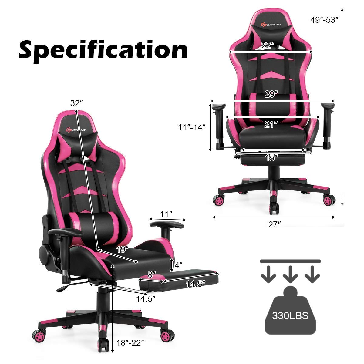 POWERSTONE Pink Ergonomic Gaming Chair with Footrest - High Back Racing Style Computer Chair for Women, Lumbar Support & Massage, Leather Recliner Swivel Office Chair - Perfect for Esports, Gaming & Home Office (Pink)