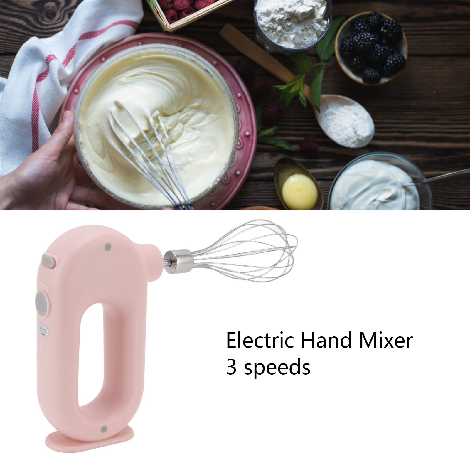 5V 20W Electric Hand Mixer - 3 Speed Anti-Slip Handle Handheld Blender with Egg Beater & Milk Frother, Stainless Steel Kitchen Mixer for Baking, Whipping Cream & Coffee Foam (Pink) - Perfect for Home Baking, Dessert Making & Coffee Preparation