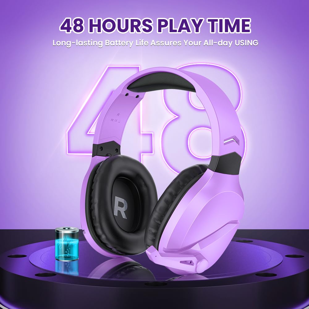 Wireless Gaming Headset with Noise Canceling Mic for PS5, PC, PS4 - 2.4G/Bluetooth Headphones with USB & Type-C - Wired Controller Mode (Purple) - Perfect for Competitive Gaming & Online Chat