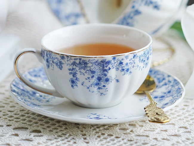Royal Blue Bone China Porcelain Tea Cup Set - Elegant British Ceramic Tea Cups with Saucers for Afternoon Tea, Coffee & Gifts - Premium Blue Floral Tea Set in Luxury Gift Box - Perfect for English Tea Parties, Bridal Showers & Home Decor