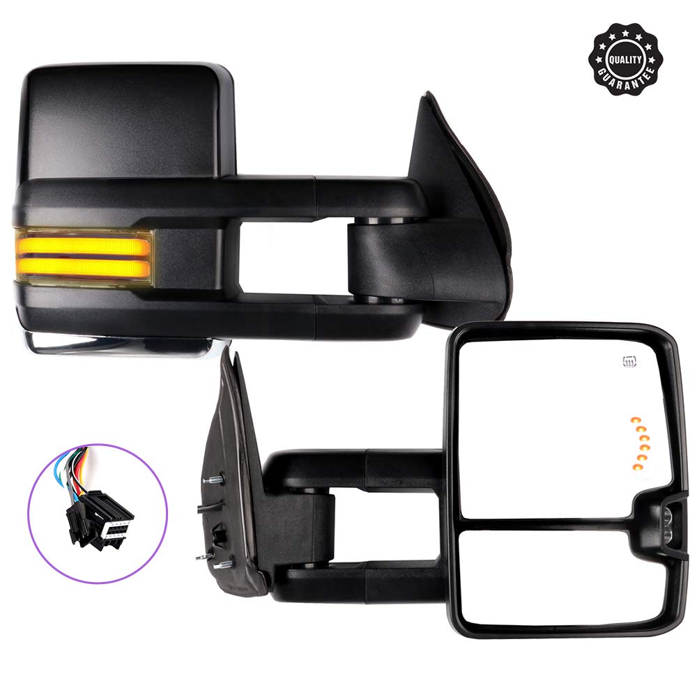 Heated Power-Adjustable Towing Mirrors for 2008-2013 Chevy Silverado & GMC Sierra - Black Cap Housing with LED Turn Signal & Running Lights - Perfect for Towing, Off-Roading & Enhanced Visibility
