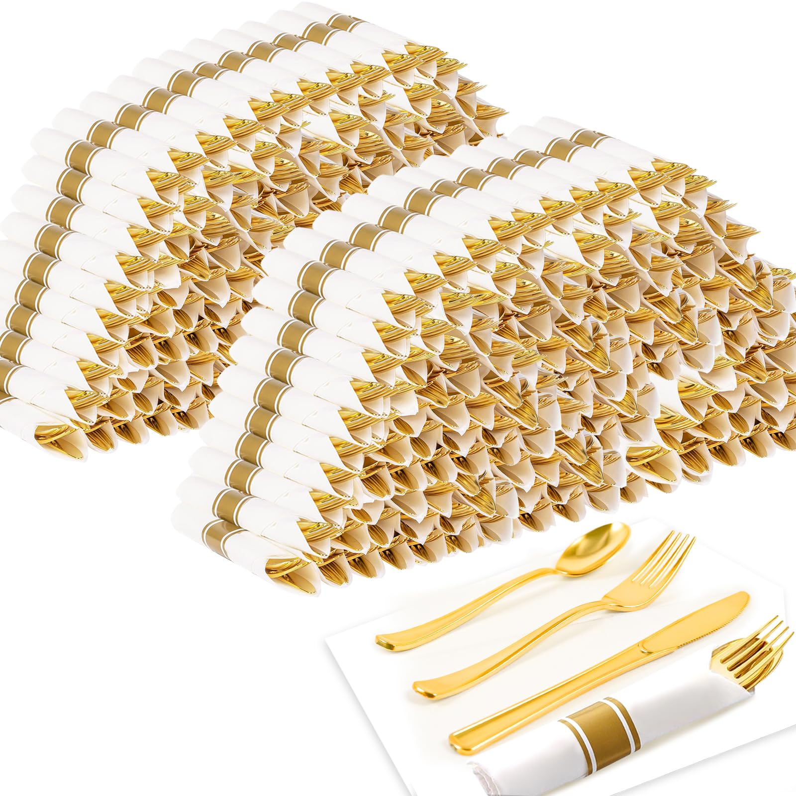 Premium 300-Piece Gold Plastic Cutlery Set - Heavy Duty Disposable Forks, Knives, Spoons & Napkins for Parties, Weddings, Birthdays & Catering | Elegant Dinnerware for Events, Picnics & Office Luncheons