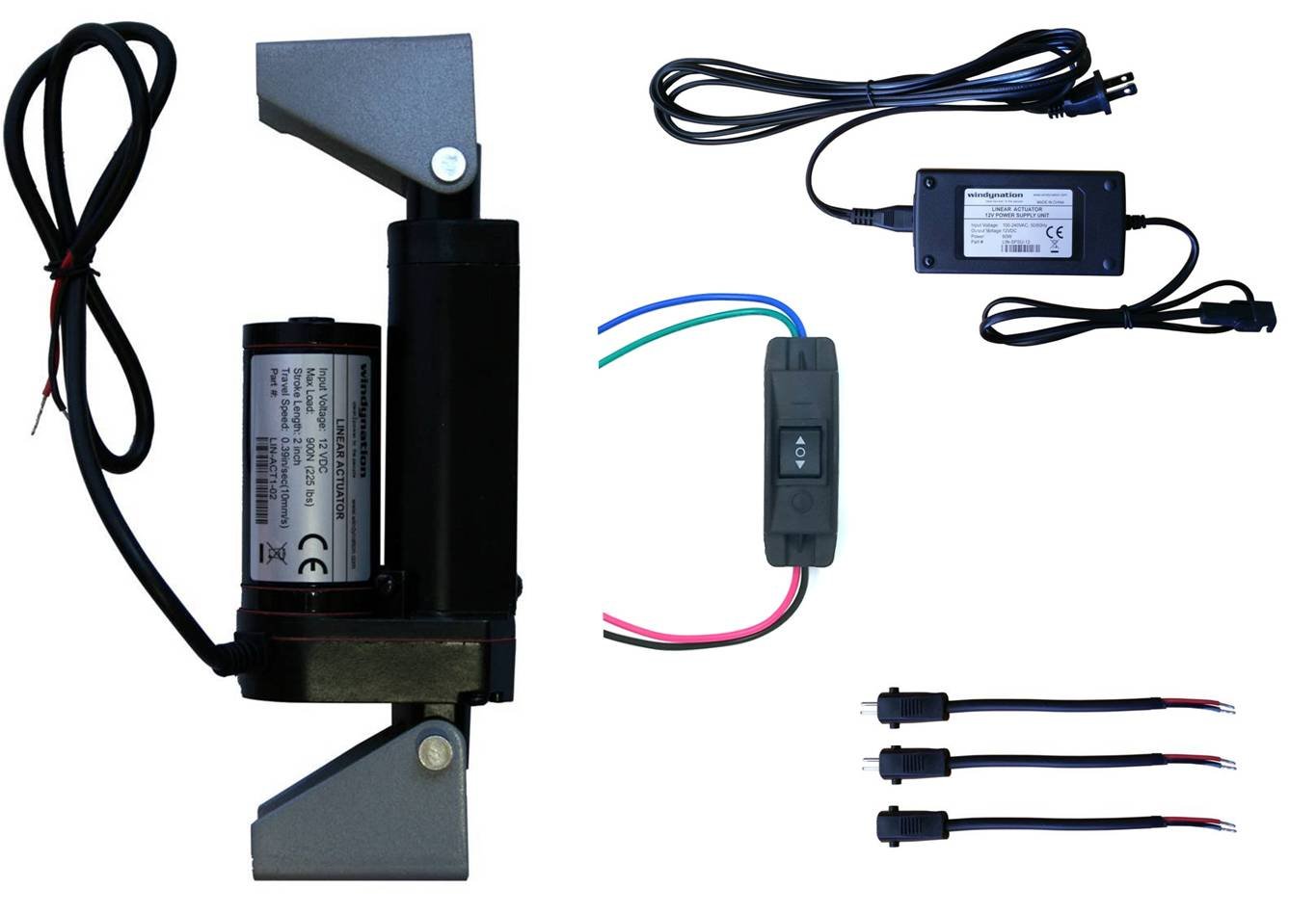 WindyNation 12V Linear Actuator Kit with Power Supply, DPDT Up Down Switch, Mounting Brackets & Connectors - 2 Inch Stroke, Maintained Switch for Furniture, Cabinets, RV, Solar Panels & DIY Projects