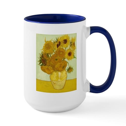 White/Navy Inside - Vase With Twelve Sunflowers By Vincent Large Mug